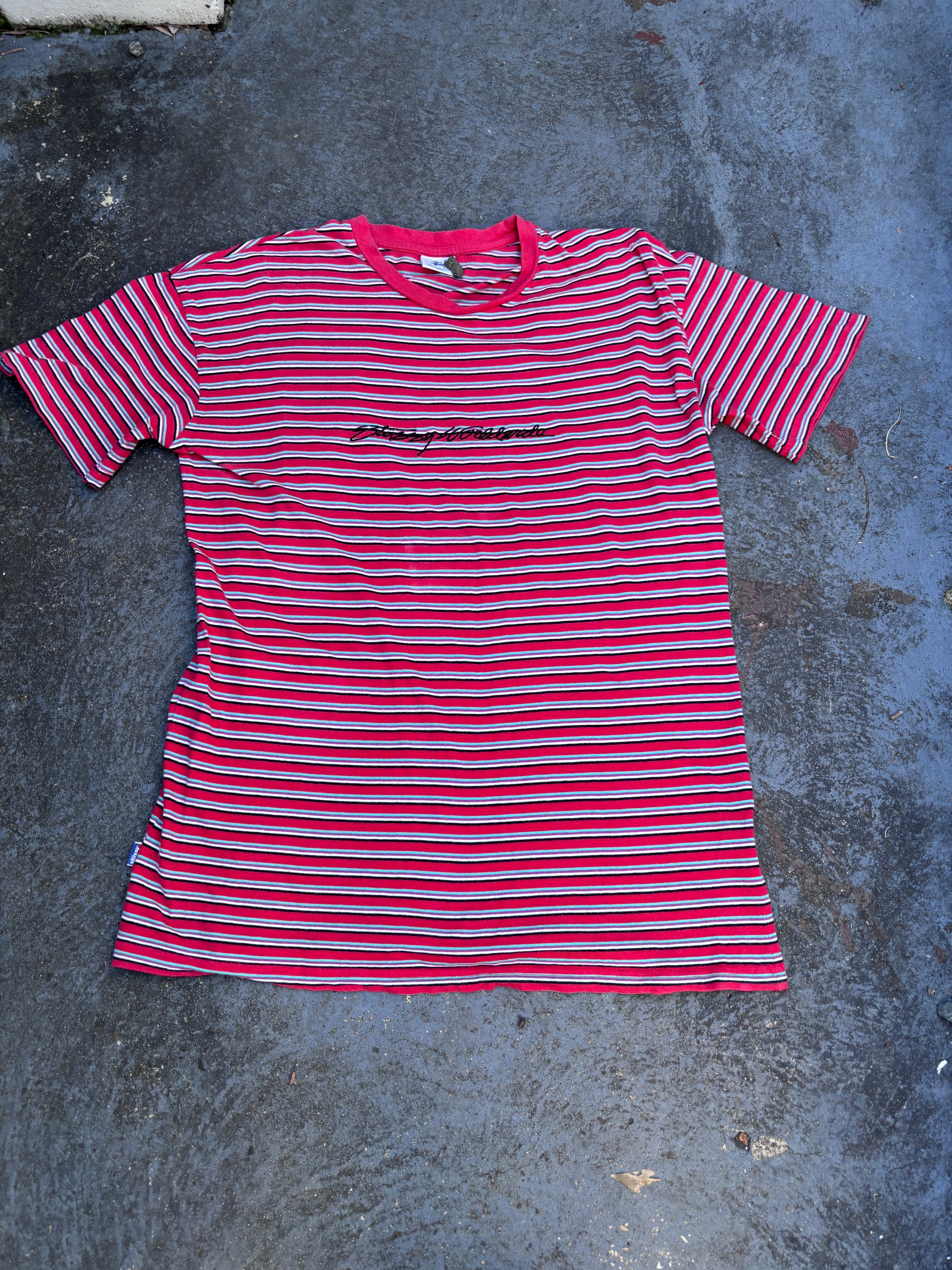 Vintage Y2K Stussy T-Shirt Men’s S Red Striped Spell Out Embroidered Logo