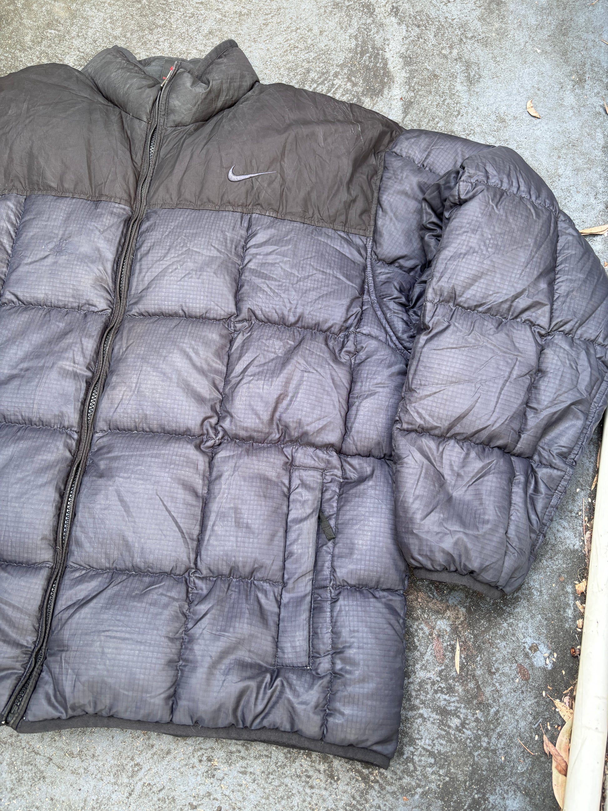 Vintage 90s Nike Down Puffer Jacket Size L Oversized Black Navy Swoosh Full Zip