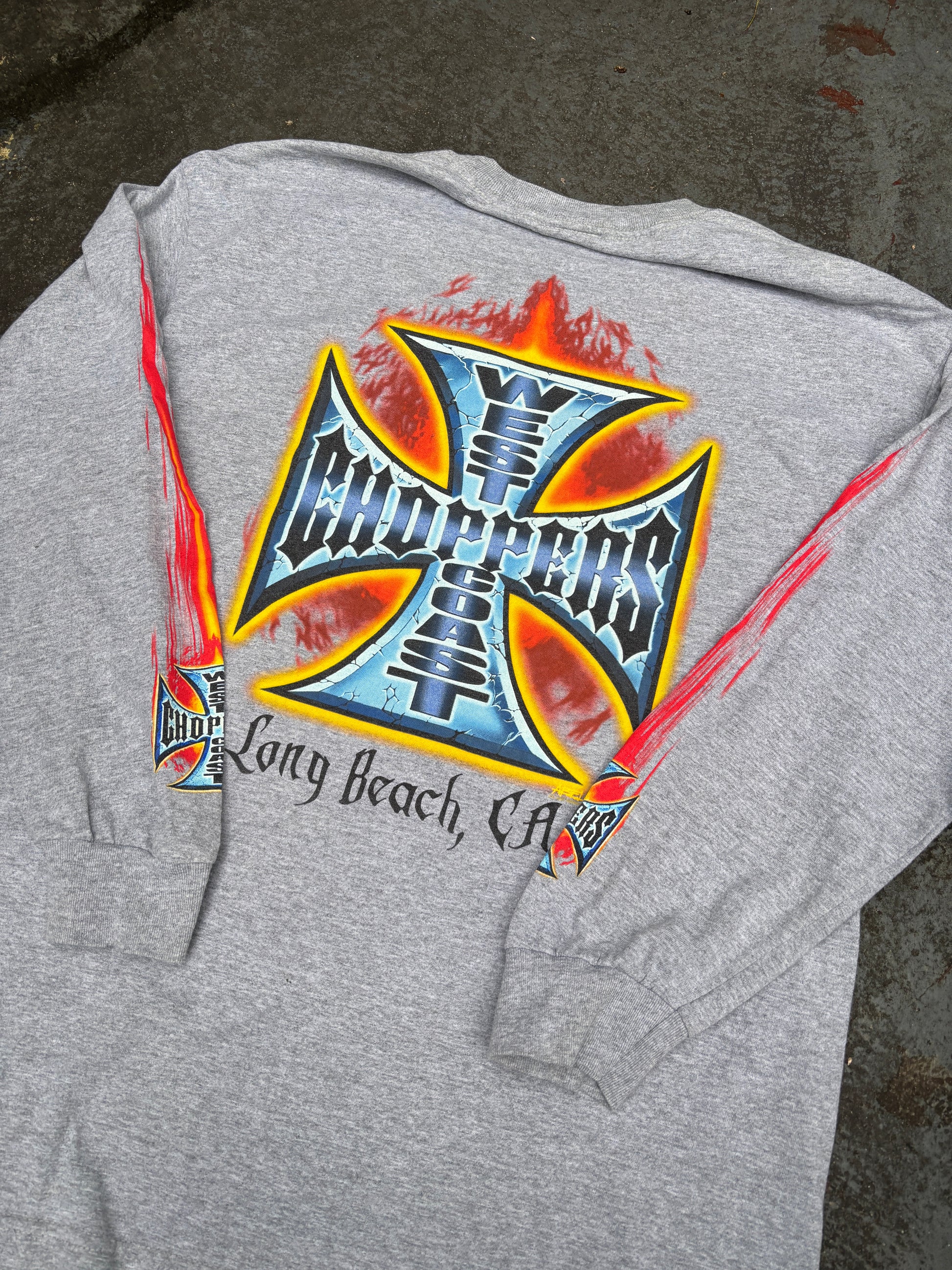 Vintage Y2K West Coast Choppers T-shirt Size M Grey Large Flame Logo Long Sleeve