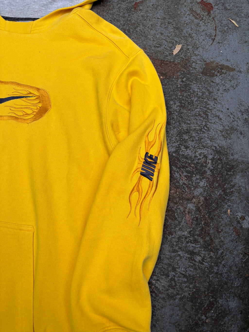 Vintage Y2K Nike Hoodie Size XL Yellow Embroidered Flames Spell Out Logo Pouch