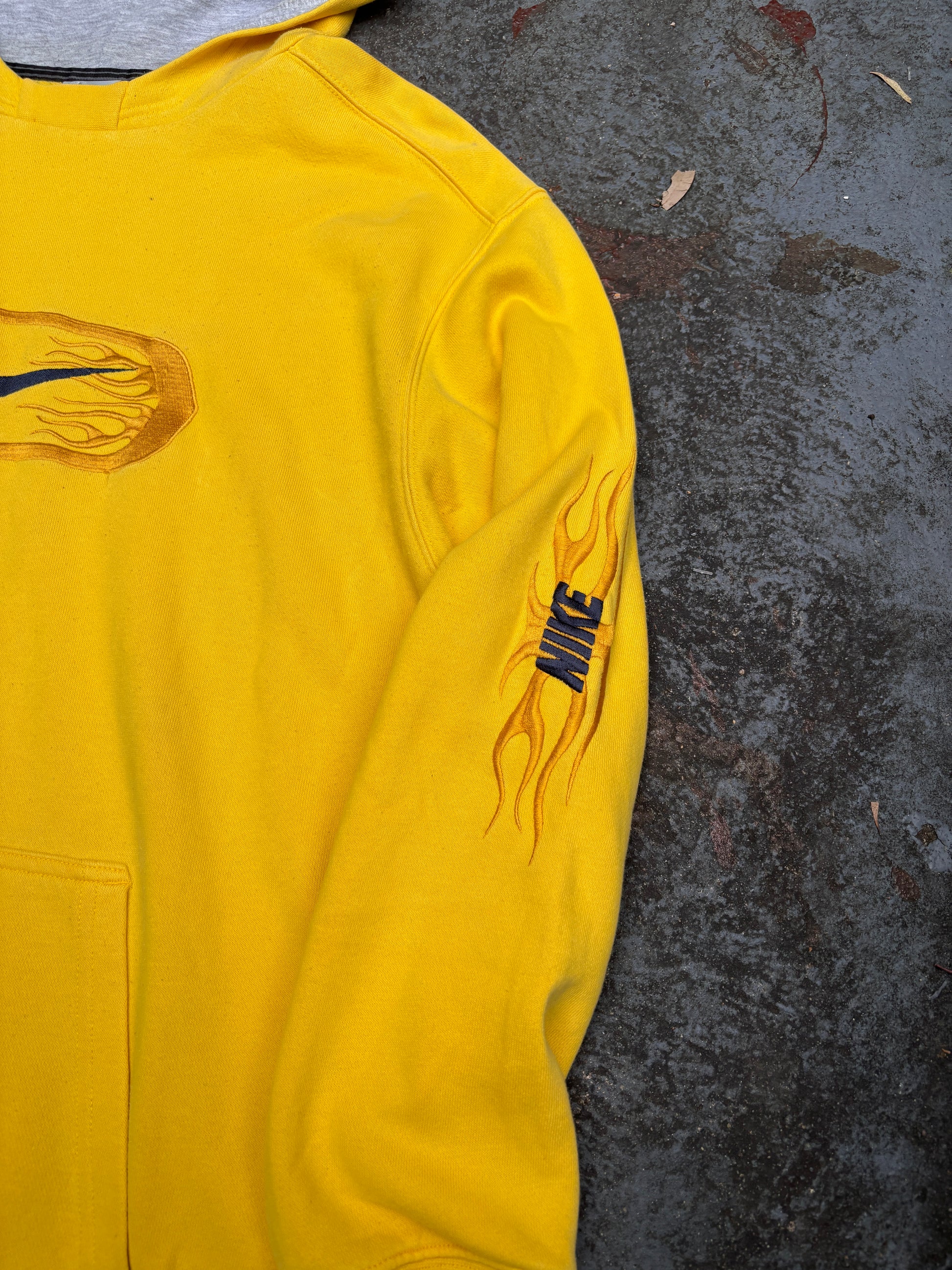 Vintage Y2K Nike Hoodie Size XL Yellow Embroidered Flames Spell Out Logo Pouch