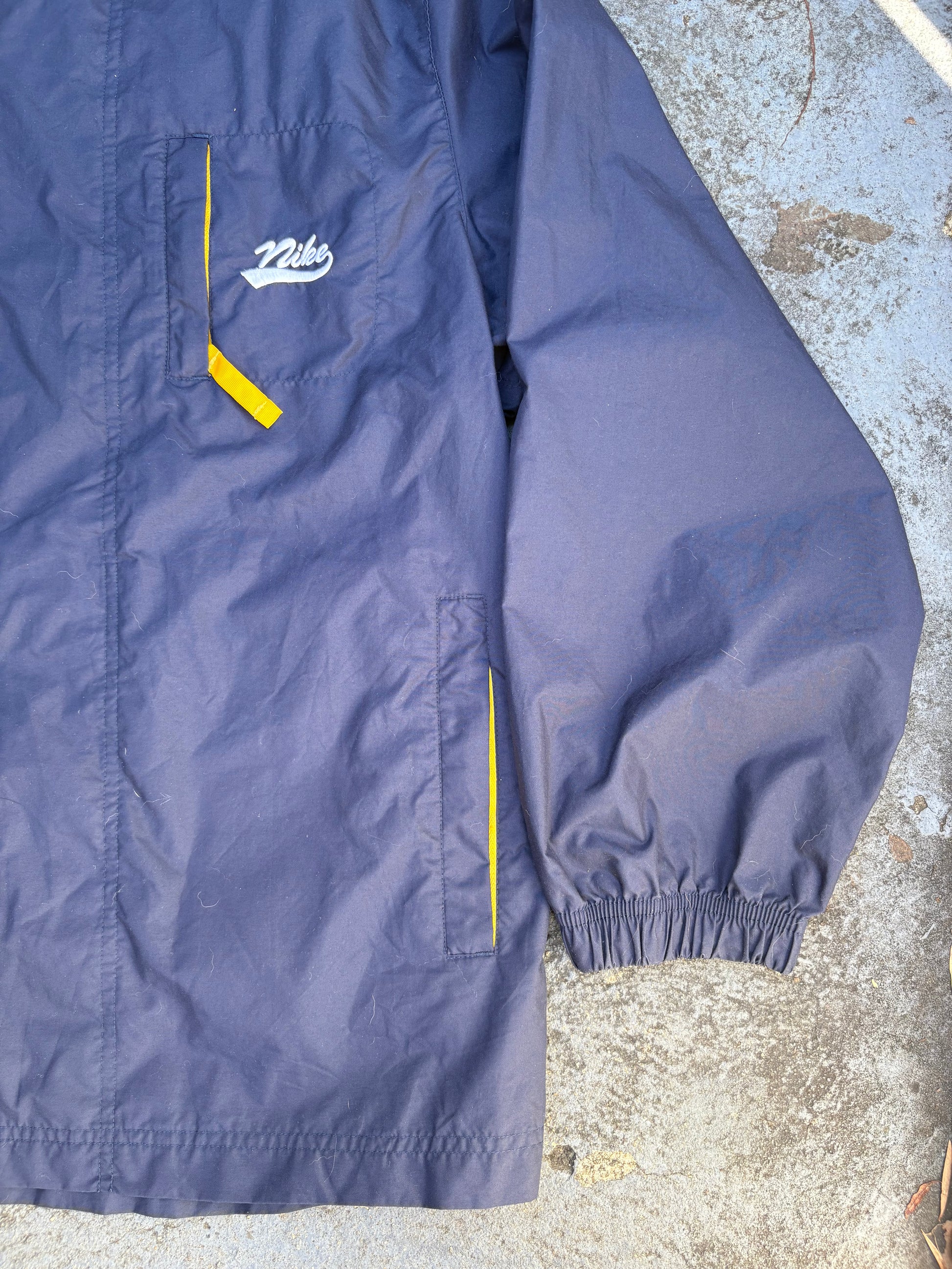 Vintage 90s Nike Jacket Size L Navy Yellow Spell Out Nylon Windbreaker Full Zip