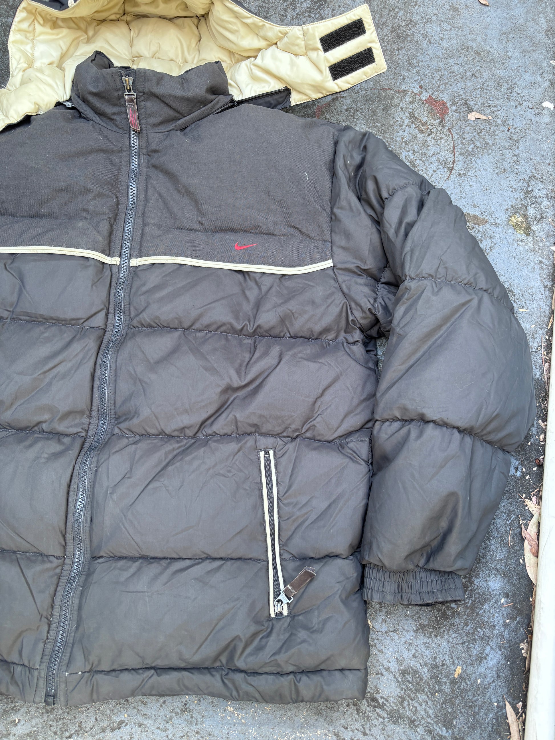 Vintage Y2K Nike Down Puffer Jacket Size XL Oversized Black Red Swoosh Full Zip