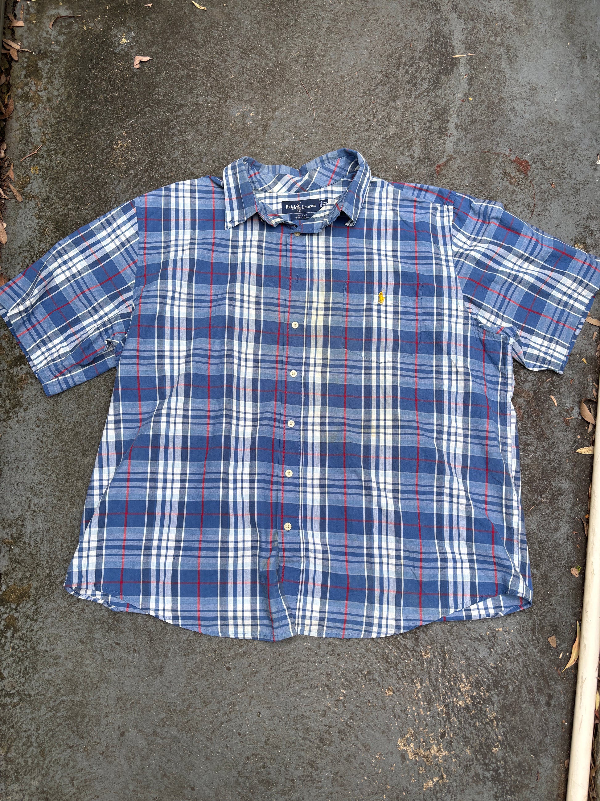 Vintage 90s Ralph Lauren Shirt XXL Blue Red Check Yellow Pony Blake Cotton