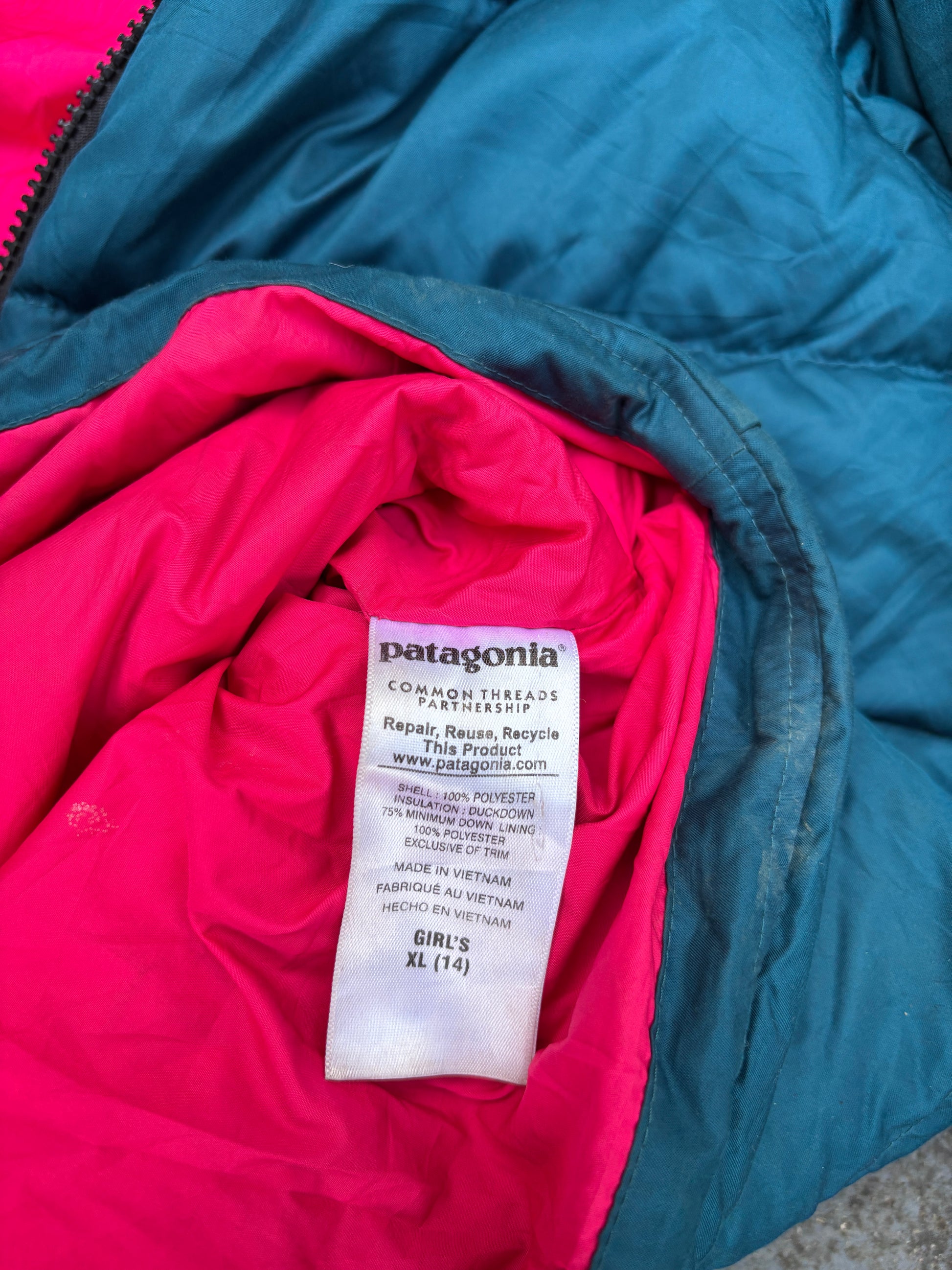 Patagonia Puffer Down Jacket Size S Green Pink Hooded Chest Logo Full Zip