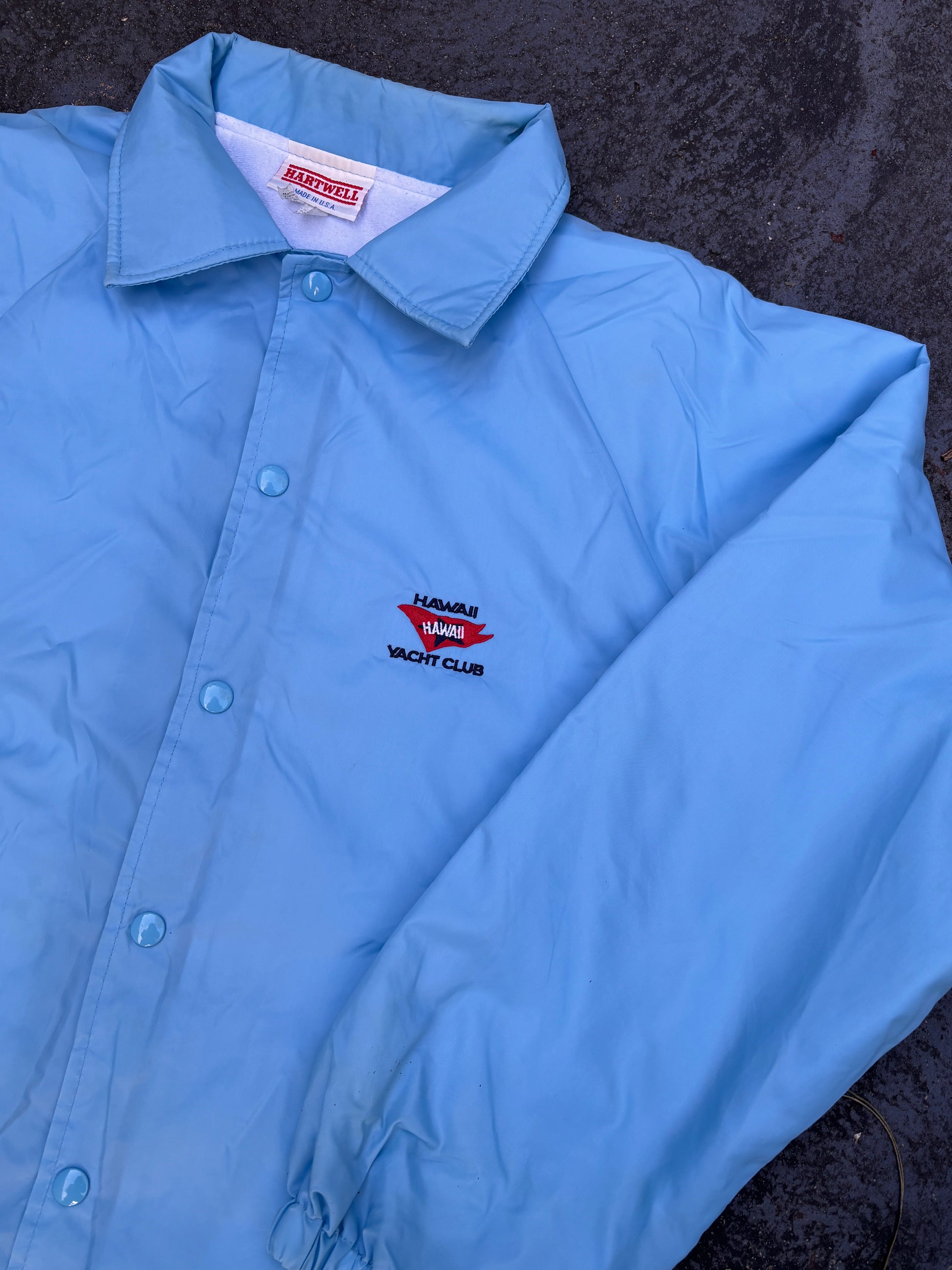 Vintage 80s Hawaii Yacht Club Coaches Jacket Size M Baby Blue Nylon Fleece Lined