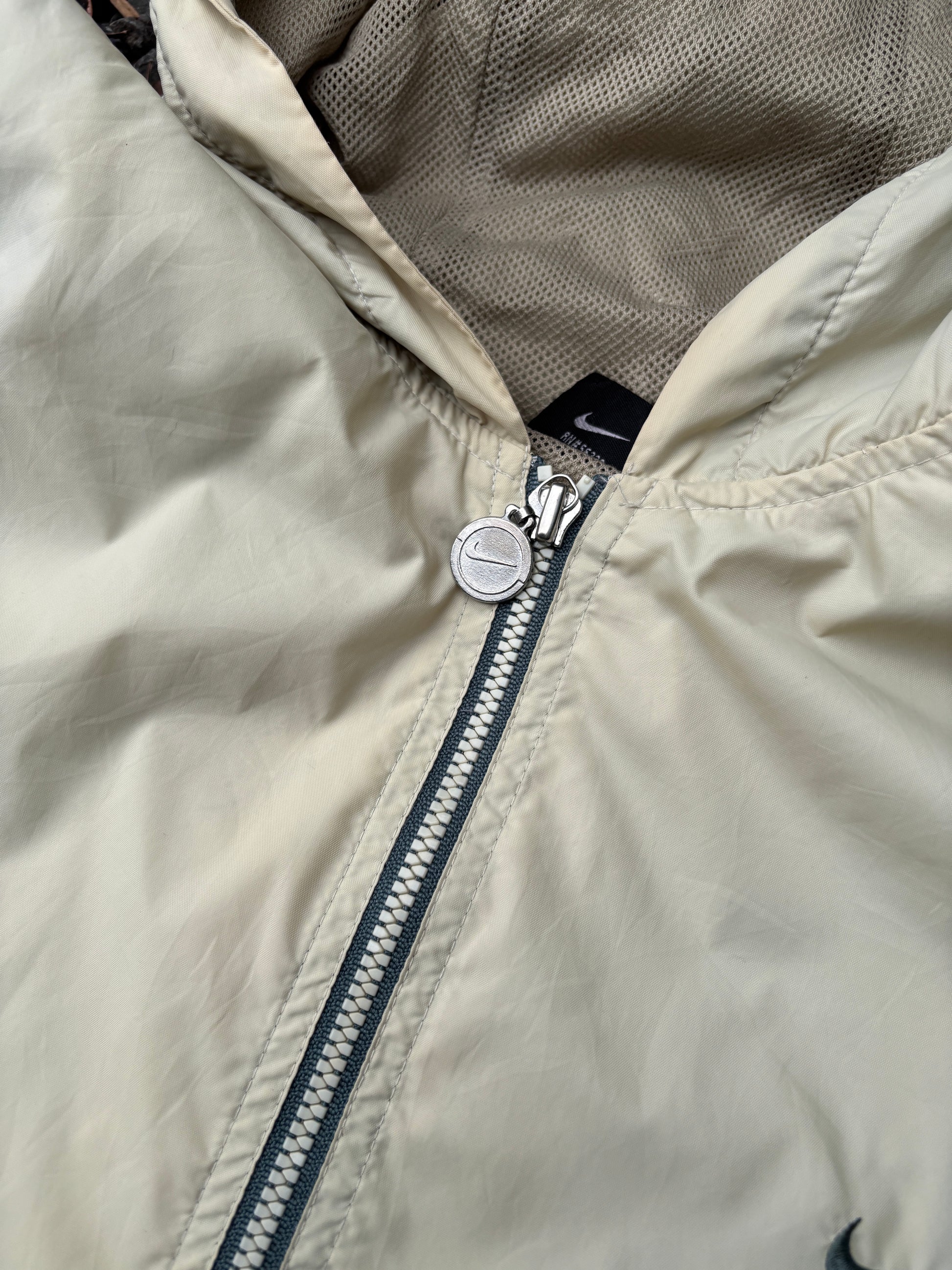 Y2K Nike Nylon Jacket Size XL Off White Cream Hooded Grey Tag Boxy Bungee Waist