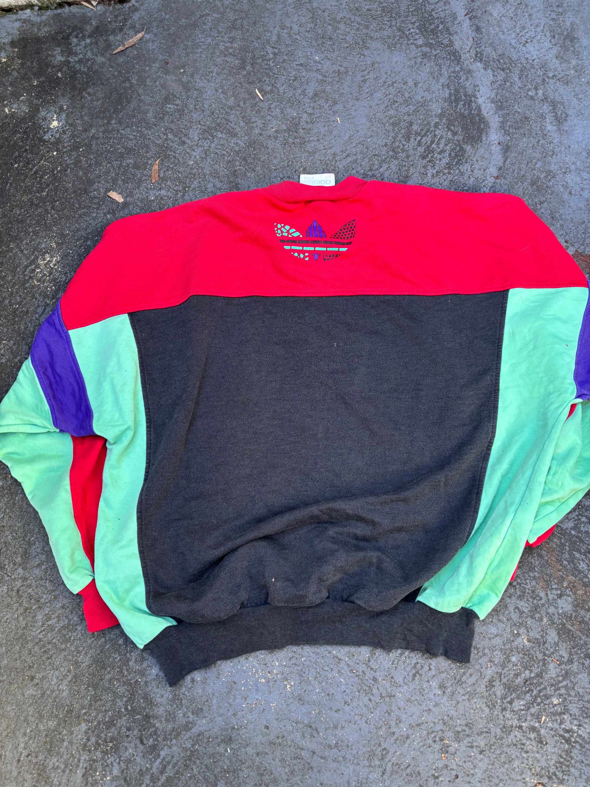Vintage 80s Adidas Jumper Size M Multi Colour Block Spell Out + Flower Logo Fleece