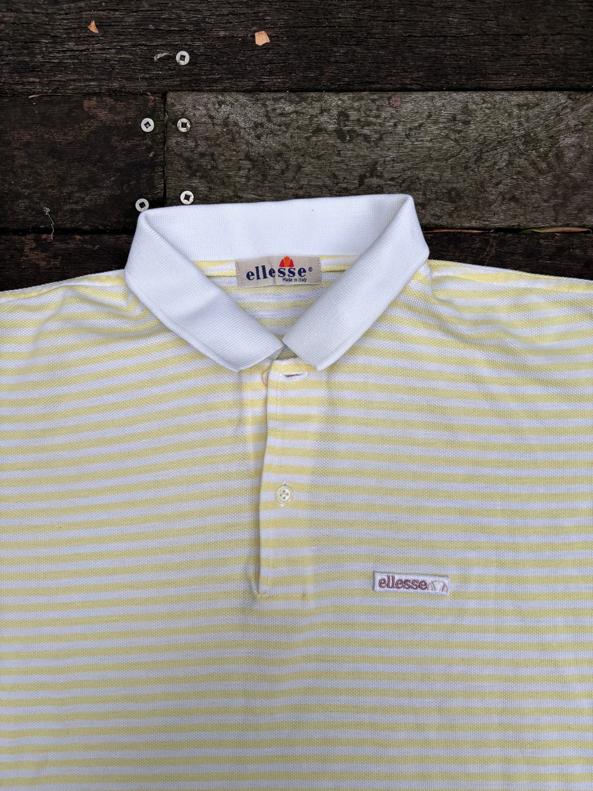 Vintage 80's Ellesse Polo Shirt Size L Yellow Stripe