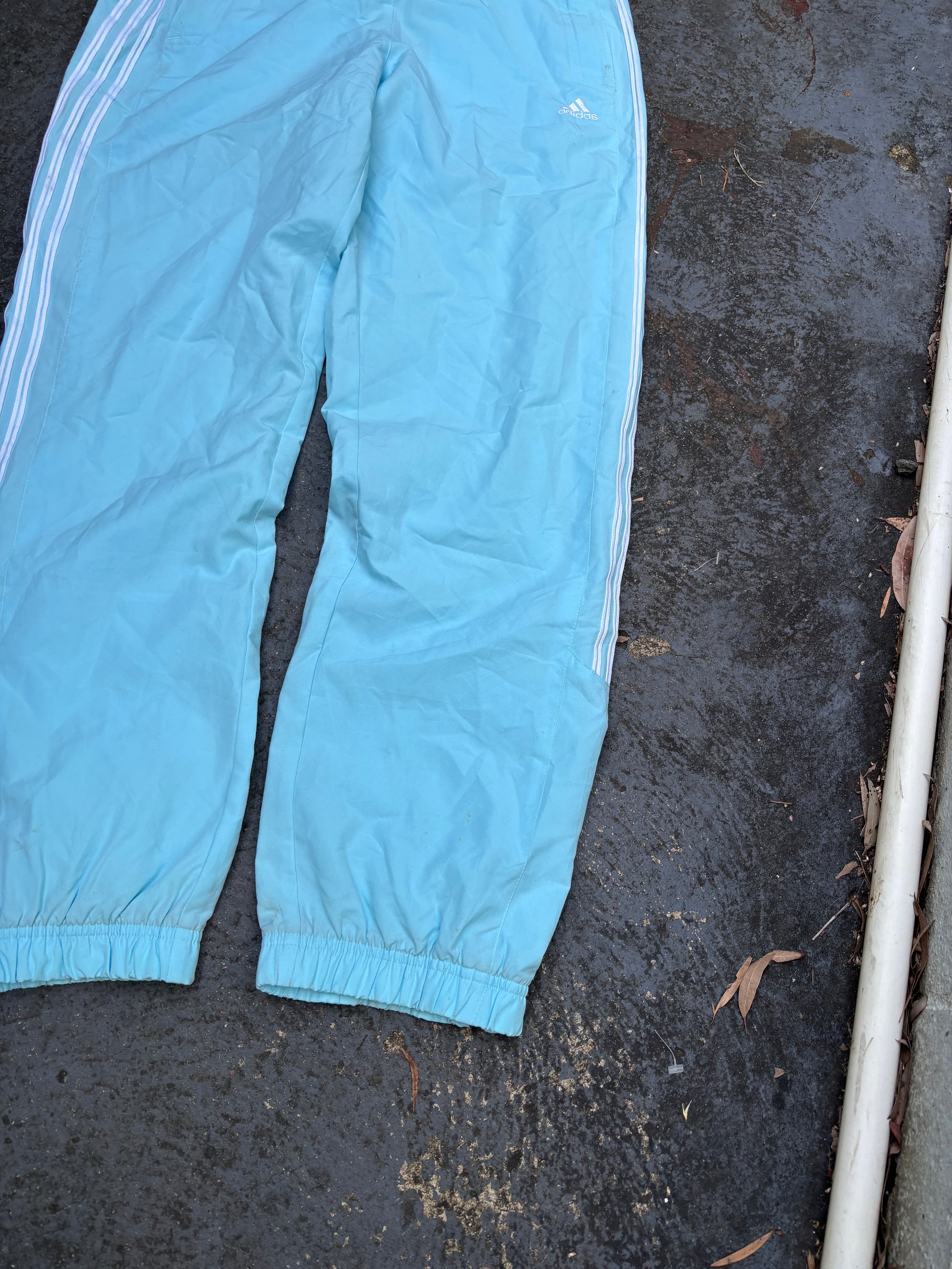 Vintage Y2K Adidas Track Pants Size S Blue White 3 Stripe Logo Windbreakers