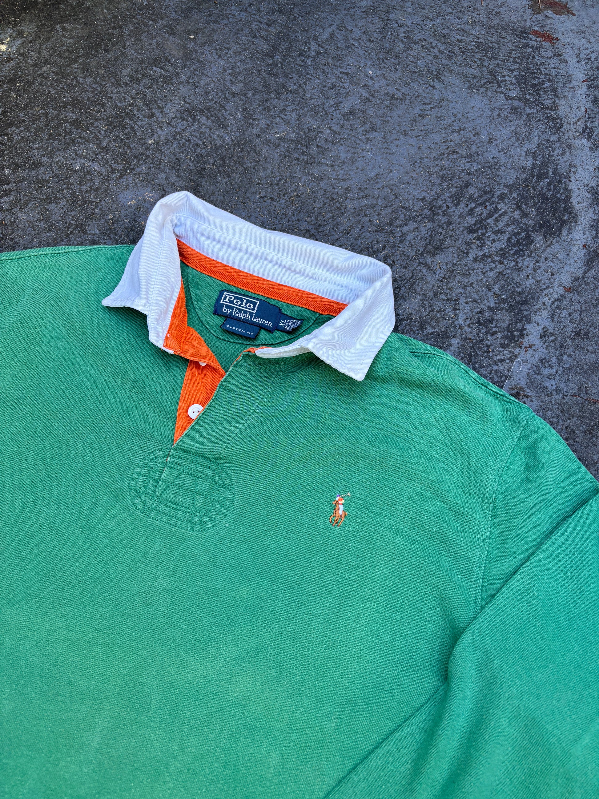 Vintage 90s Polo Ralph Lauren Rugby Polo Size XL Green White Colour Pony Faded