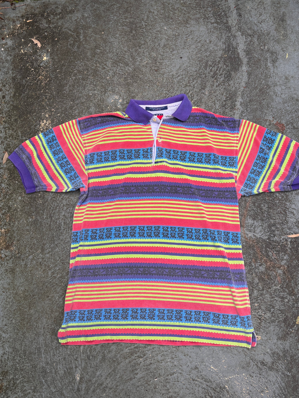 Vintage 90s Tommy Hilfiger Polo Size S Aztec All Over Pattern Geometric Collared