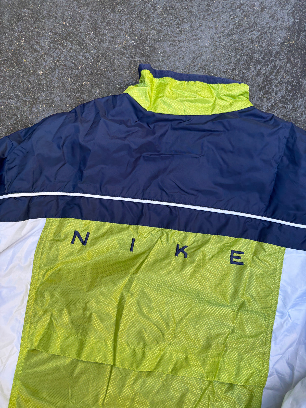 Vintage 90s Nike Jacket Womens M Blue Green Spell Out Logo Bungee Nylon Windbreaker