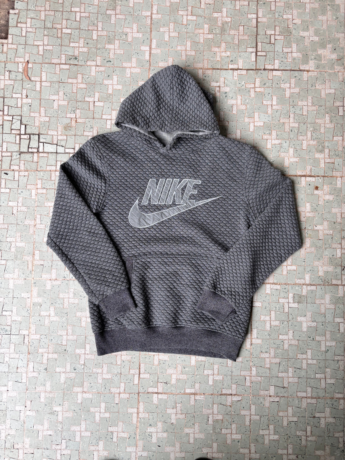 Vintage Nike Spell Out Hoodie Size M Grey Waffle Textured Fleece Jumper