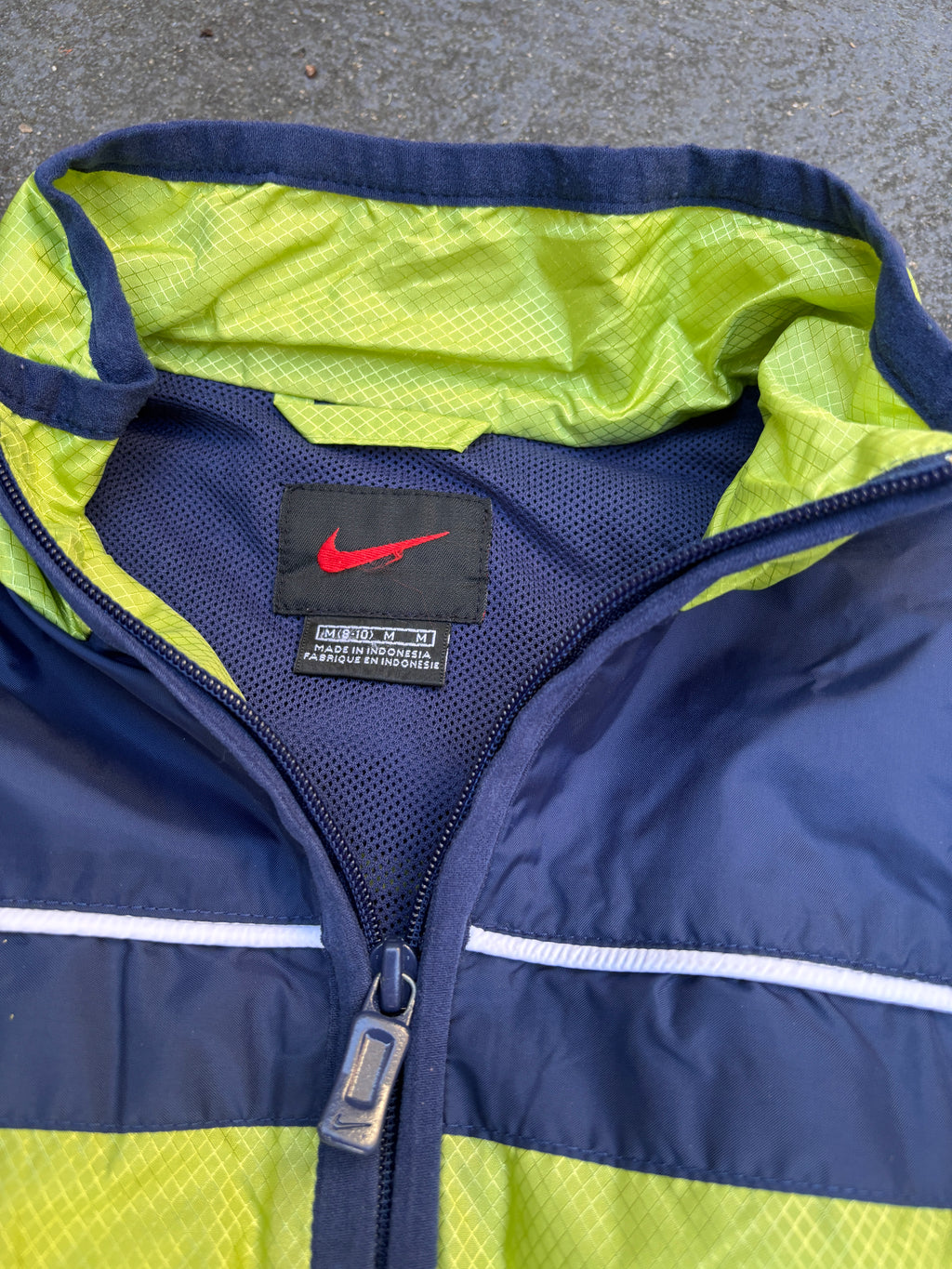 Vintage 90s Nike Jacket Womens M Blue Green Spell Out Logo Bungee Nylon Windbreaker