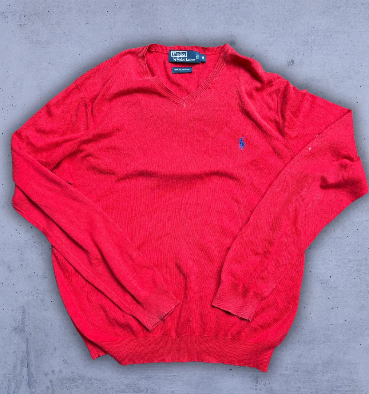 Vintage 90s Polo Ralph Lauren Knit Jumper Men’s M Red Cotton V-Neck Navy Pony