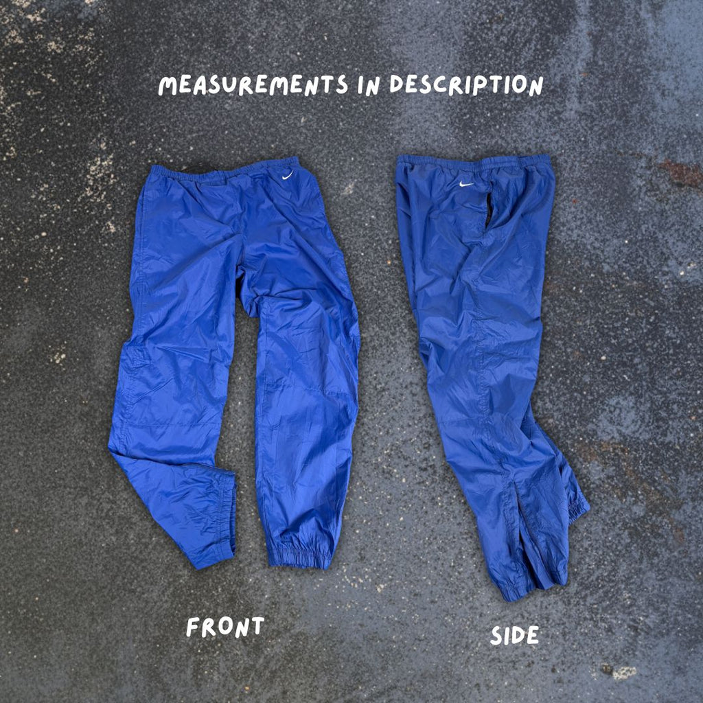 Vintage 90's Nike Track Pants Women's M Blue White Hip Swoosh Parachute Ankle Zip Straight Leg