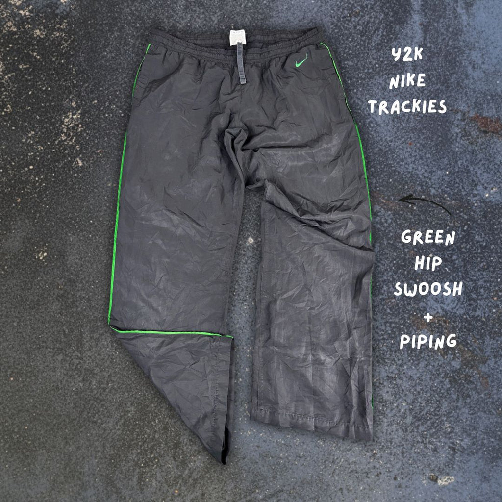 Vintage Y2K Nike Track Pants Women's L Black Green Hip Swoosh Piping Wide Leg