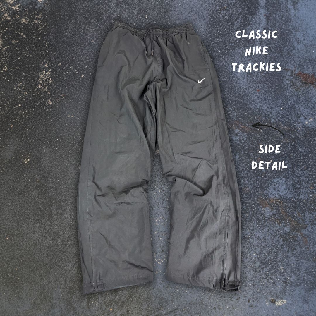 Men's Classic Nike Track Pants Size M Black White Panels Swoosh Ankle Zips Wide Leg