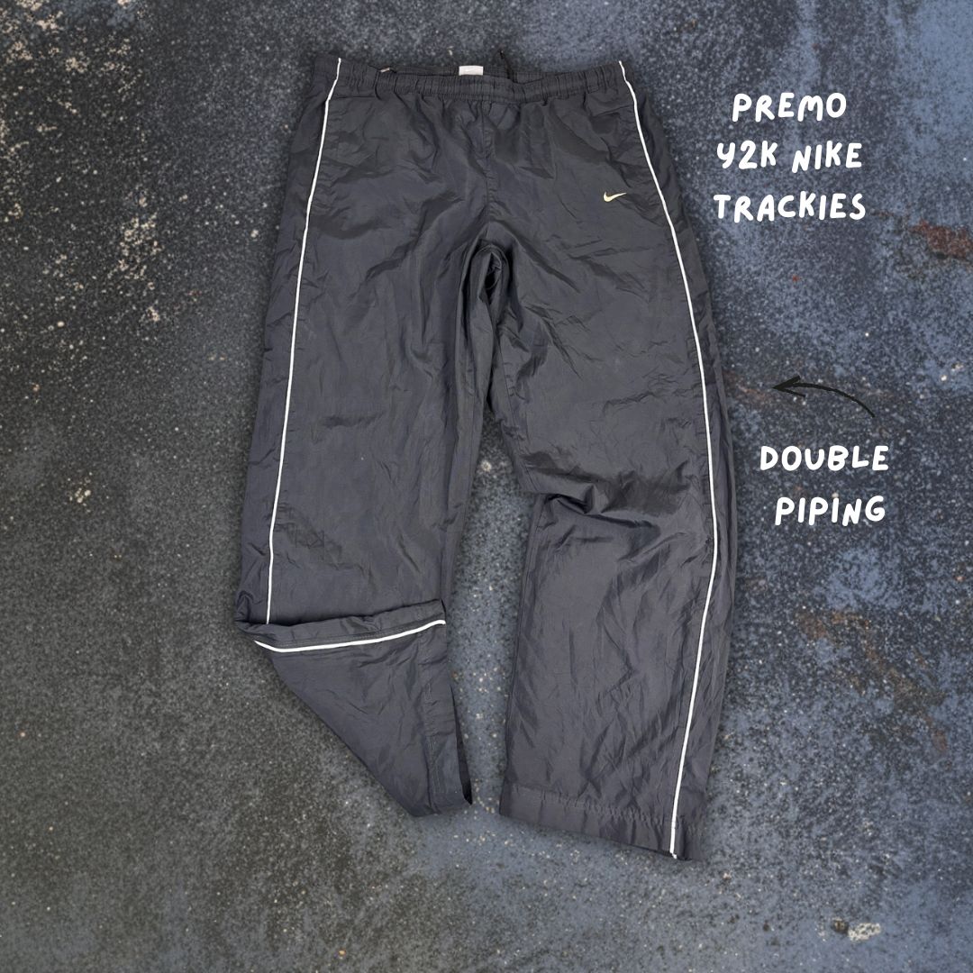 Vintage Y2K Nike Track Pants Men's M Black Grey Swoosh Piping Baggy Fit Ankle Zip Wide Leg