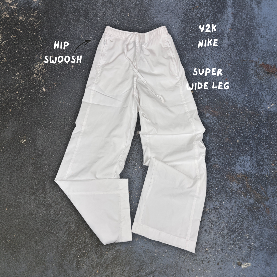 Vintage Y2K Nike Track Pants Womens S White Silver Swoosh Wide Leg Nylon Windbreaker