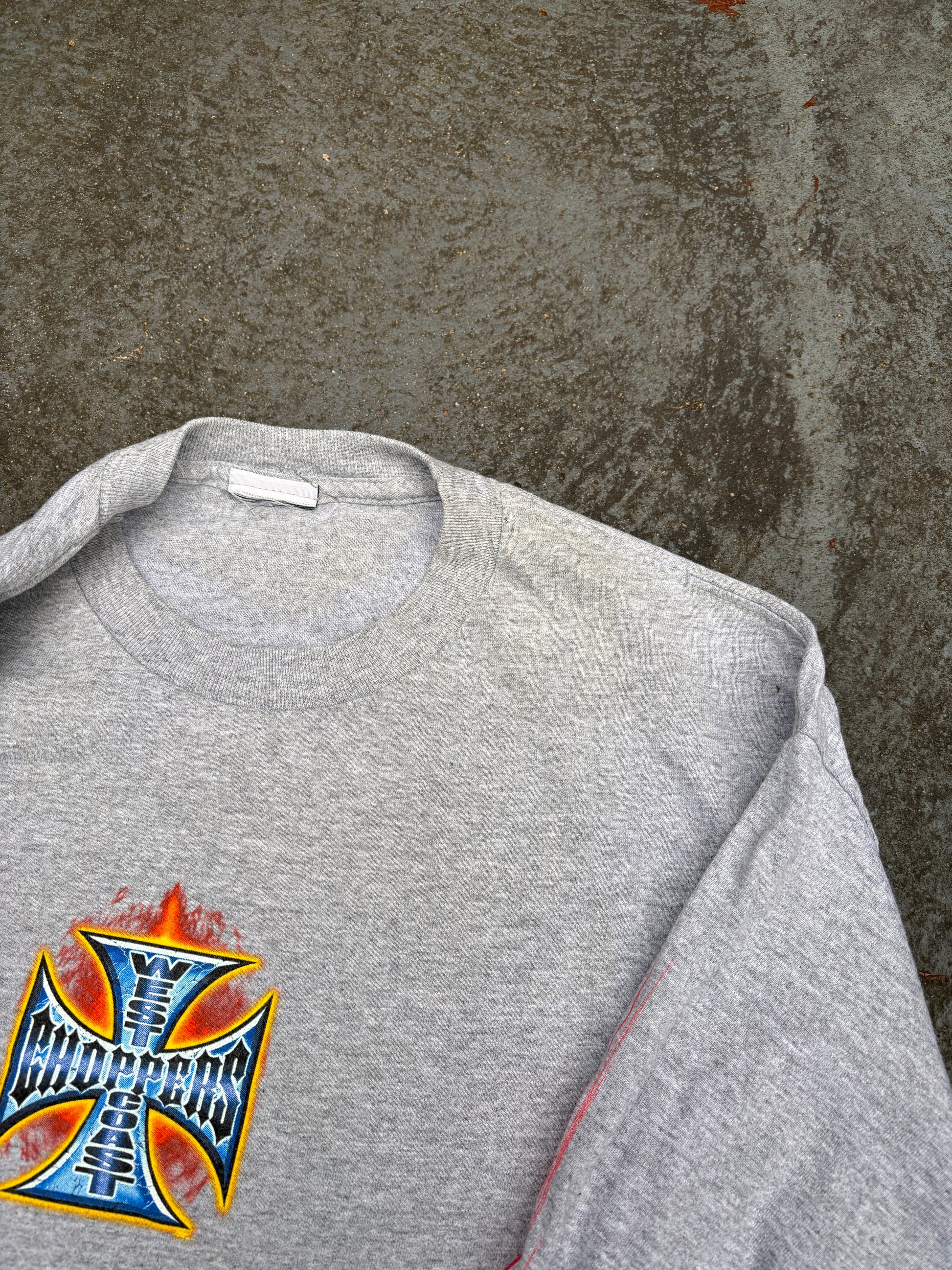 Vintage Y2K West Coast Choppers T-shirt Size M Grey Large Flame Logo Long Sleeve