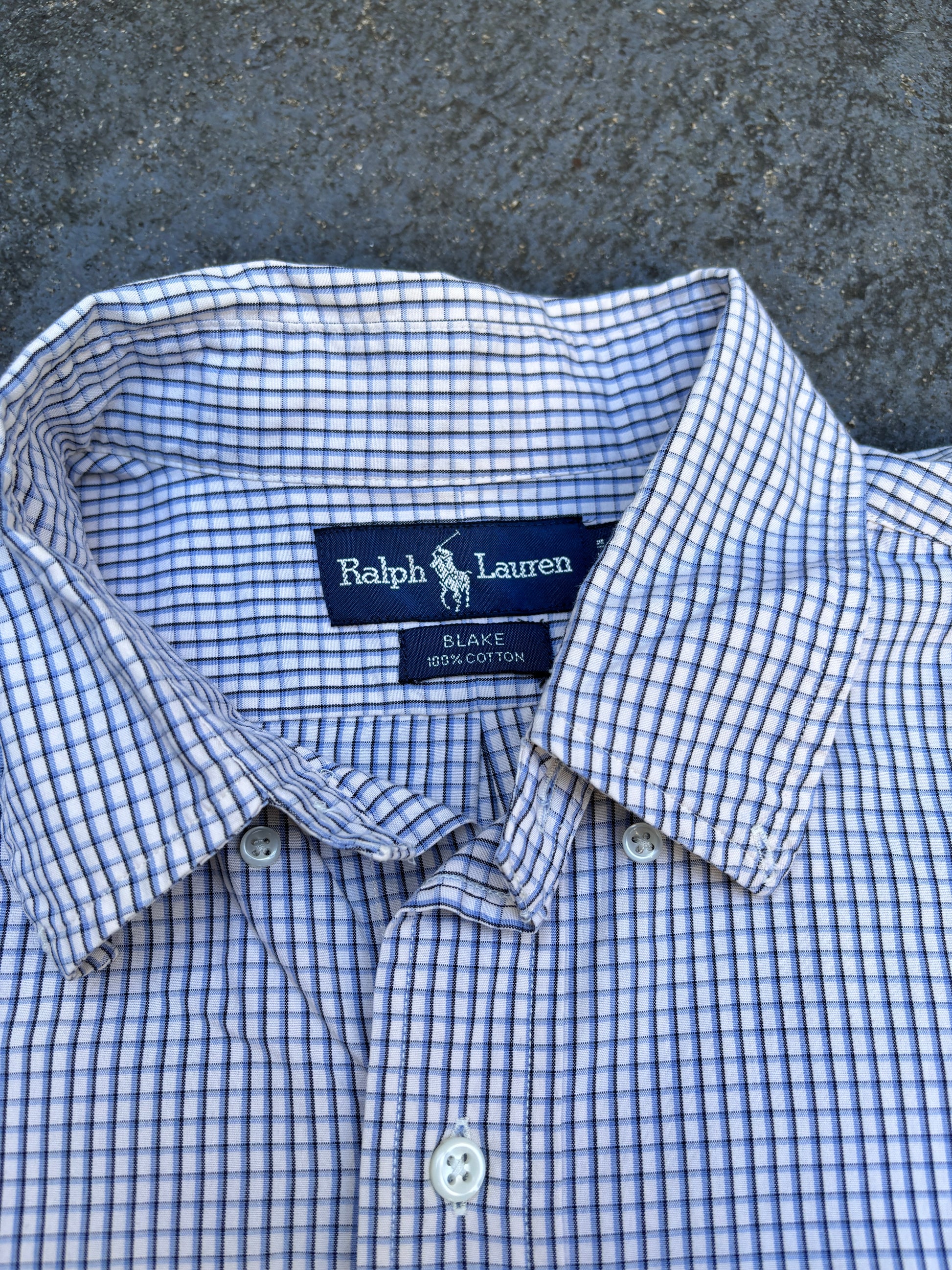 Vintage 90s Ralph Lauren Shirt Men’s L  Blue Cream Check Button Up Navy Pony