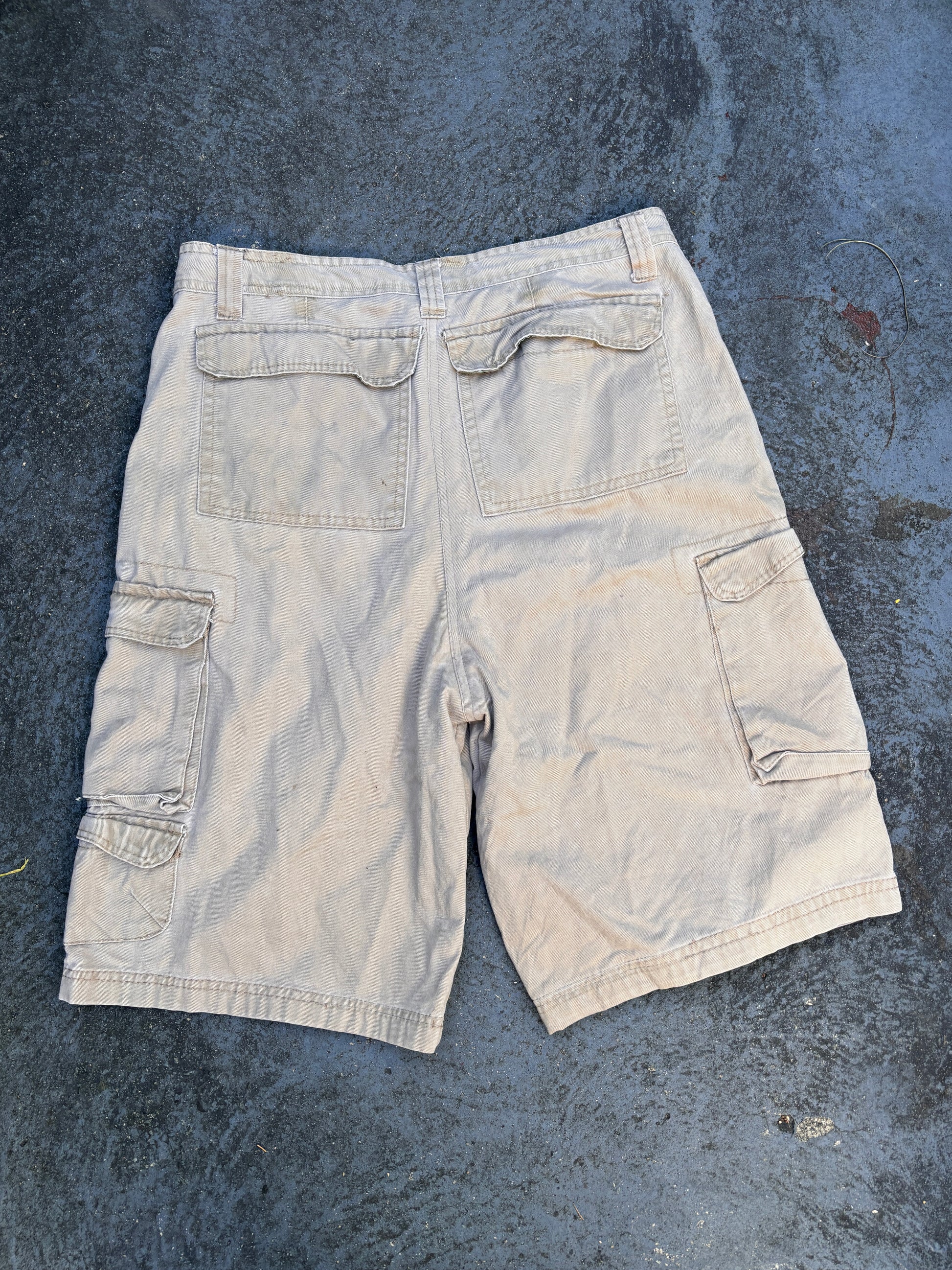 Vintage 90s Stussy Cargo Shorts Size M Tan Embroidered Logo Pockets Wide Leg