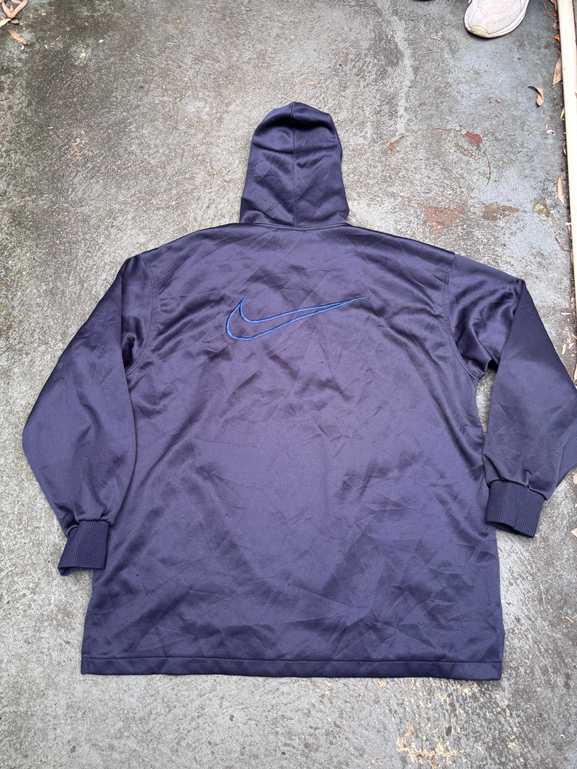 Vintage 90s Nike Anorak Hoodie Size M Navy White Swoosh Mesh Texture Pouch