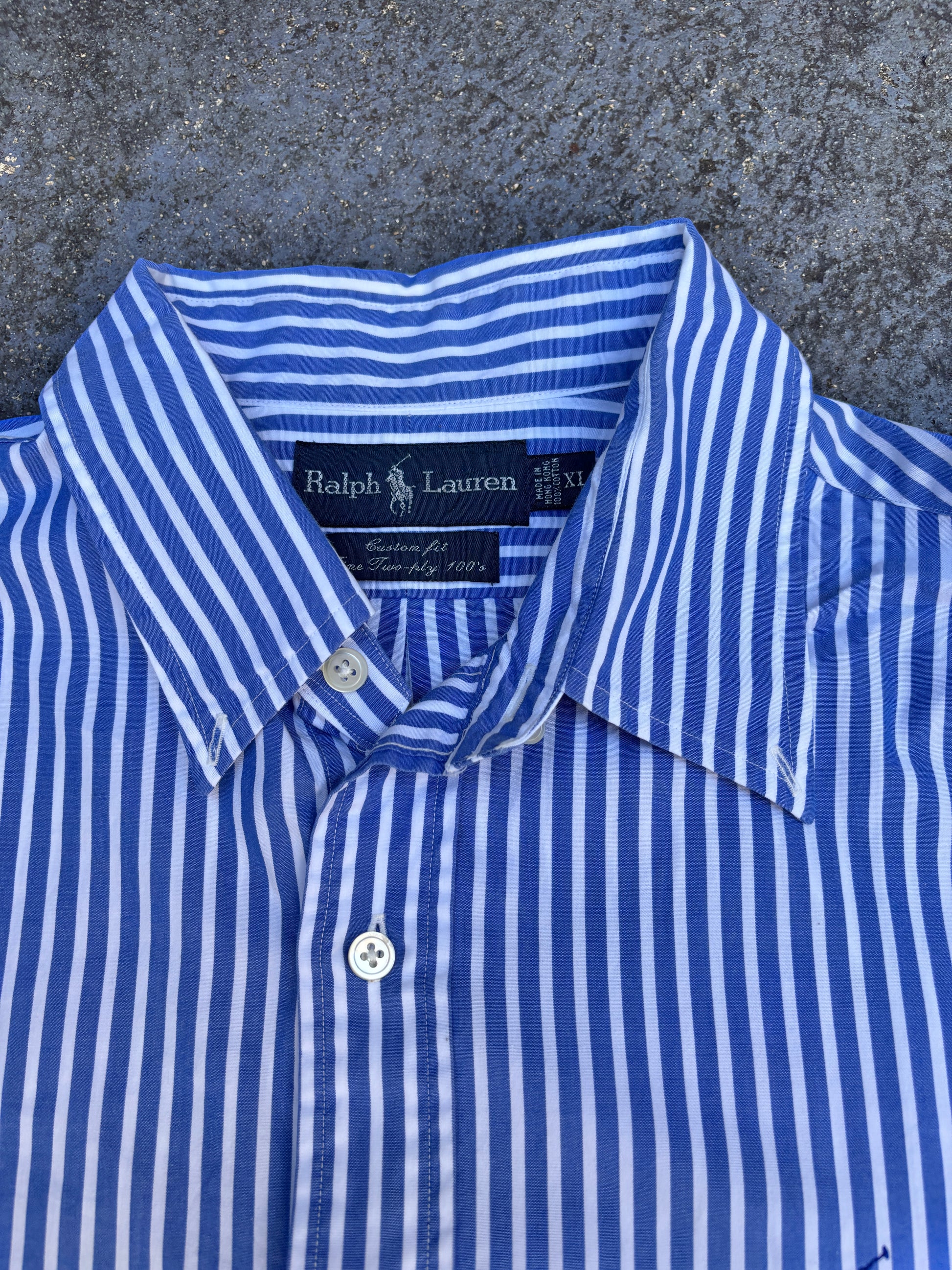 Vintage 90s Ralph Lauren Shirt Men’s XL Blue White Striped 2-Ply Cotton Custom Fit