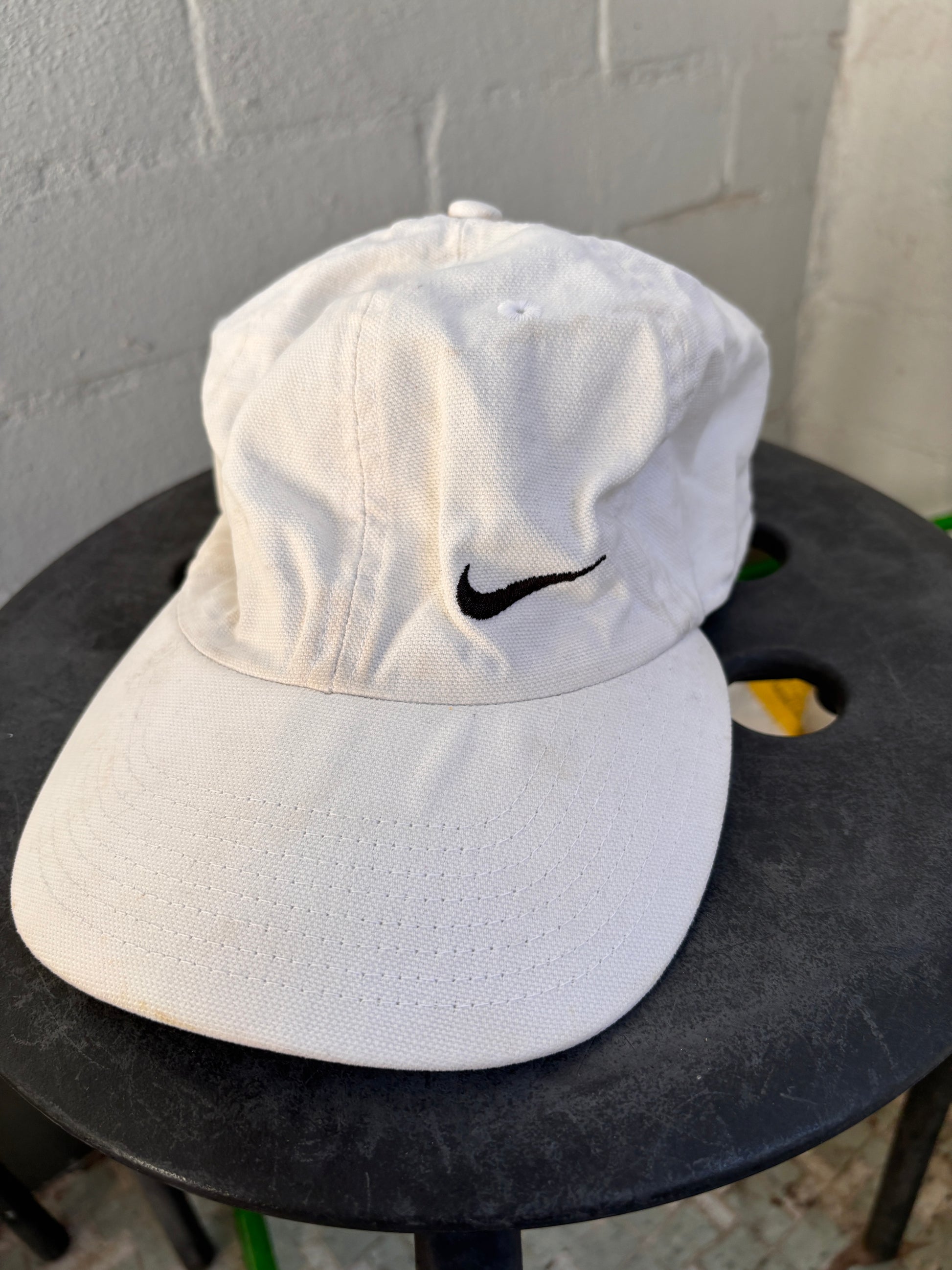 Vintage 90s Nike Hat OSFM White Embroidered Swoosh Adjustable Back