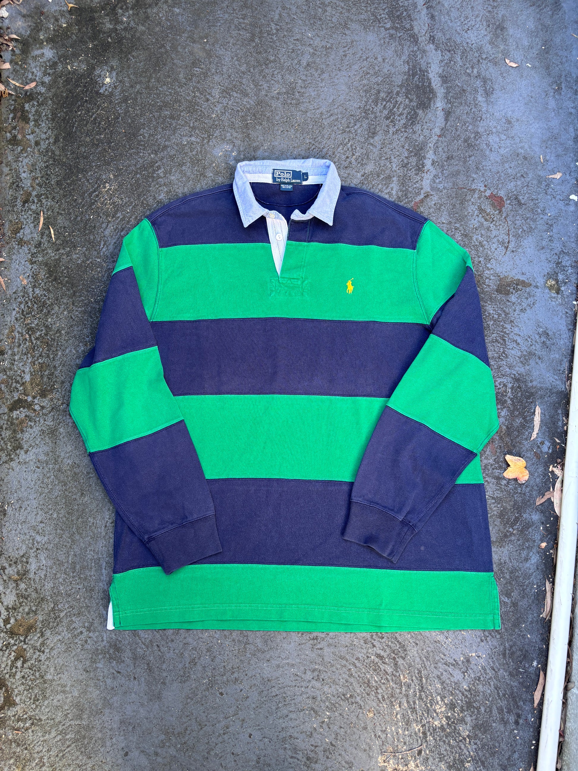 Vintage 90s Polo Ralph Lauren Rugby Polo Men’s L Green Blue Stripe Yellow Pony