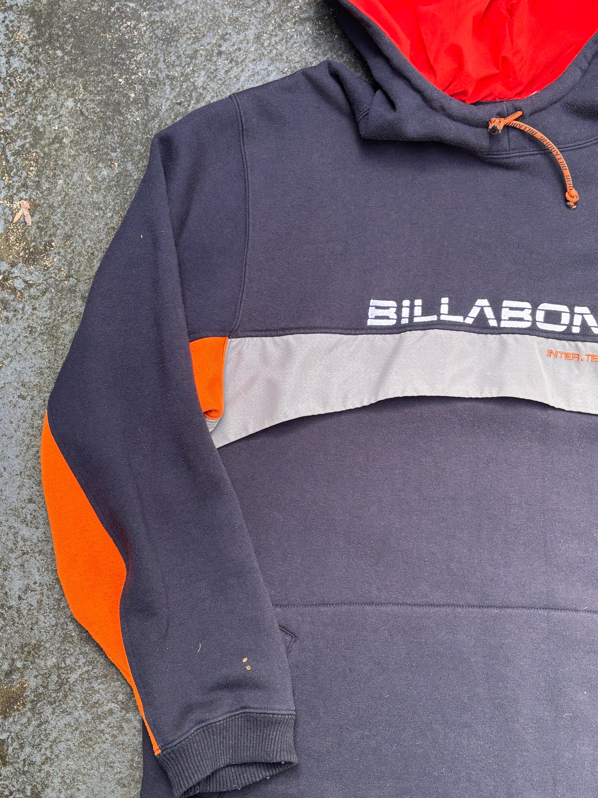 Vintage Y2K Billabong Hoodie Size M Navy Orange Spell Out Logo Kangaroo Pouch