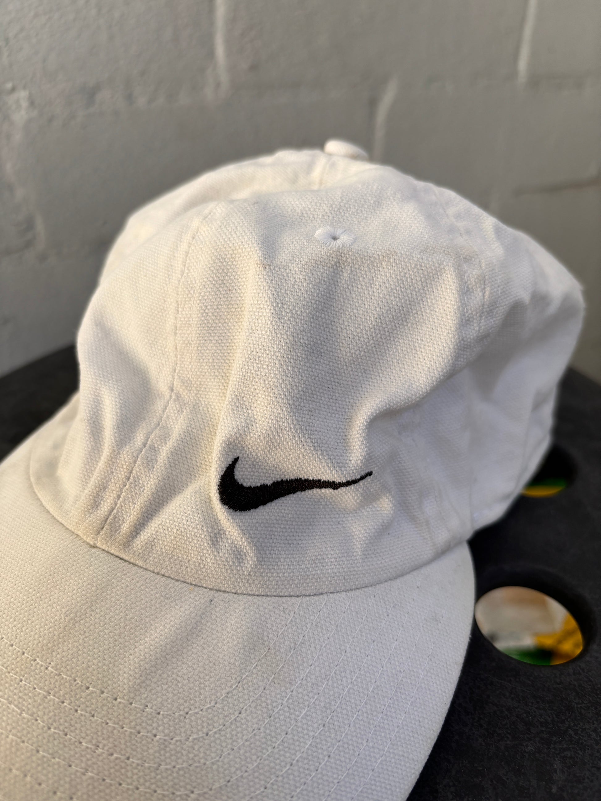 Vintage 90s Nike Hat OSFM White Embroidered Swoosh Adjustable Back