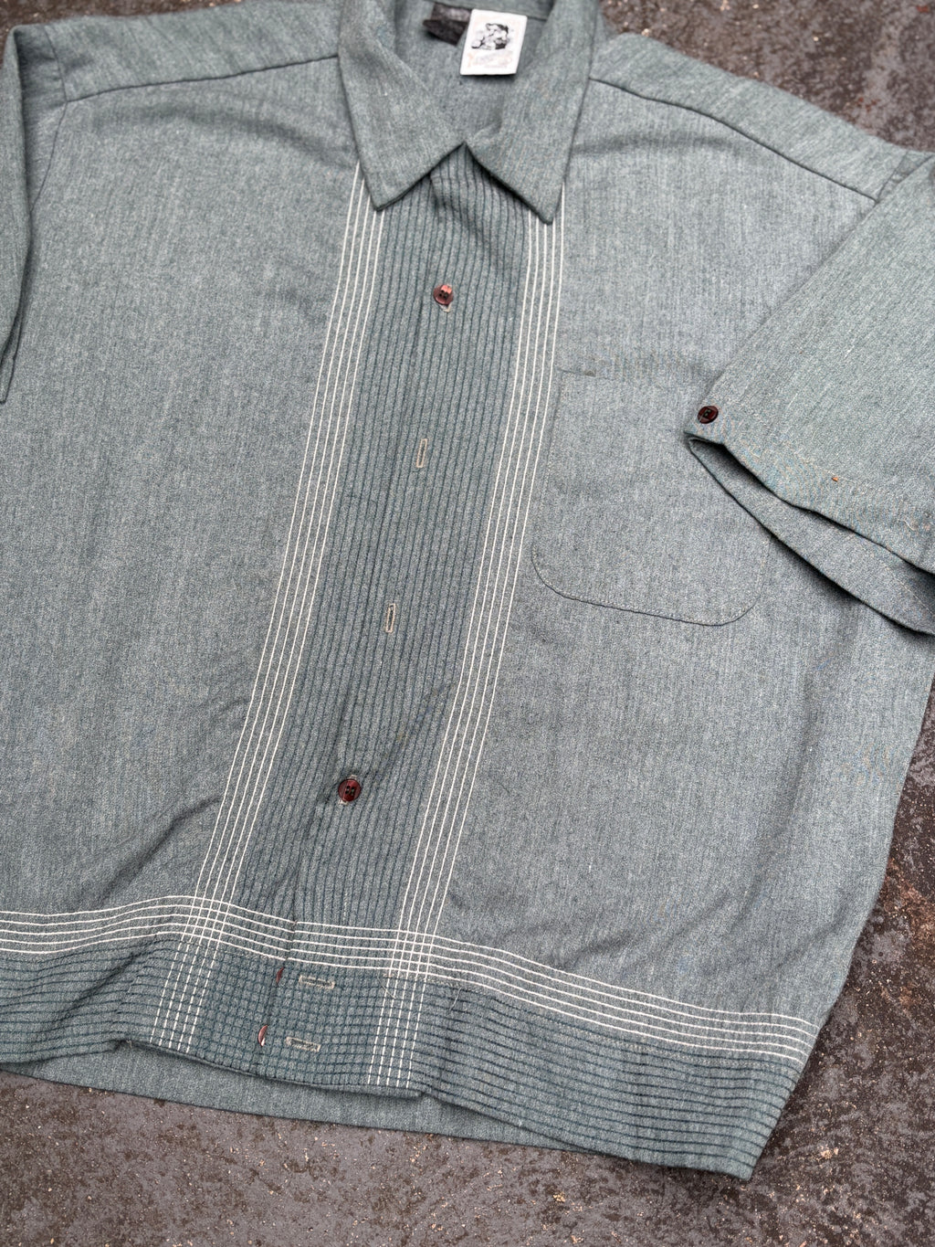Vintage 70s Kennington Shirt Size L Green Stitch Pattern Mod Style Boxy Fit
