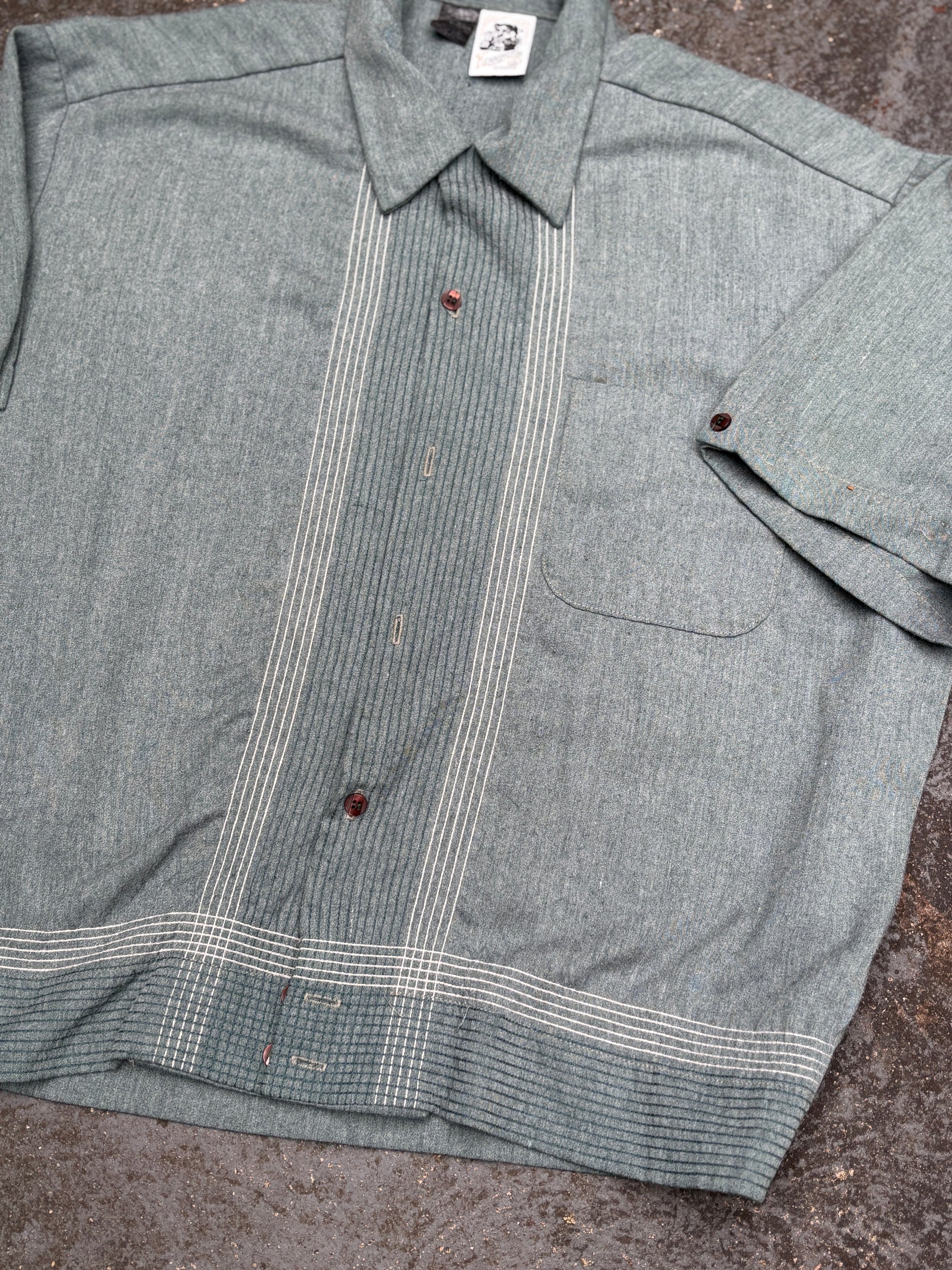 Vintage 70s Kennington Shirt Size L Green Stitch Pattern Mod Style Boxy Fit