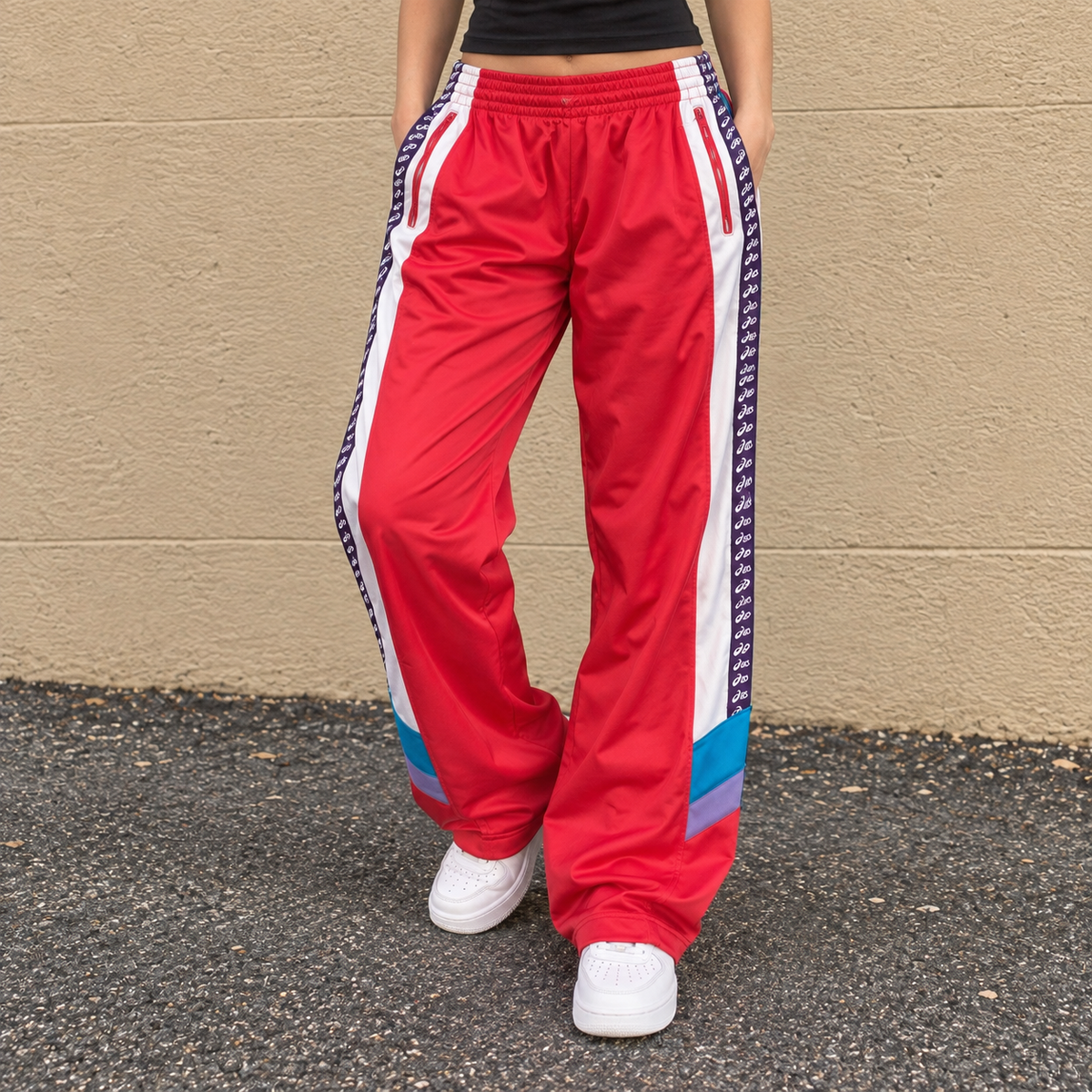 Vintage 90s Asics Track Pants Womens S Red Spell Out Side Tape Straight Leg Retro Style