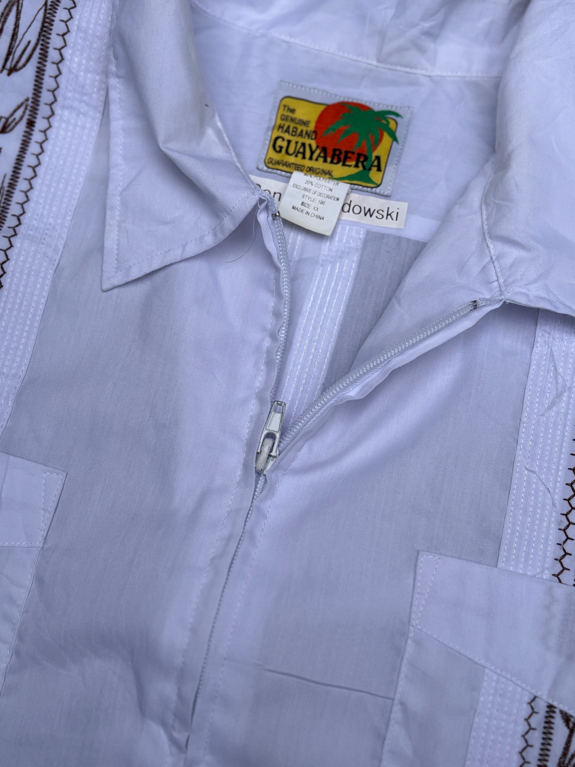 Vintage Y2K Haband Guayabera Cuban Shirt Size XXL White Bronze Stitching Full Zip