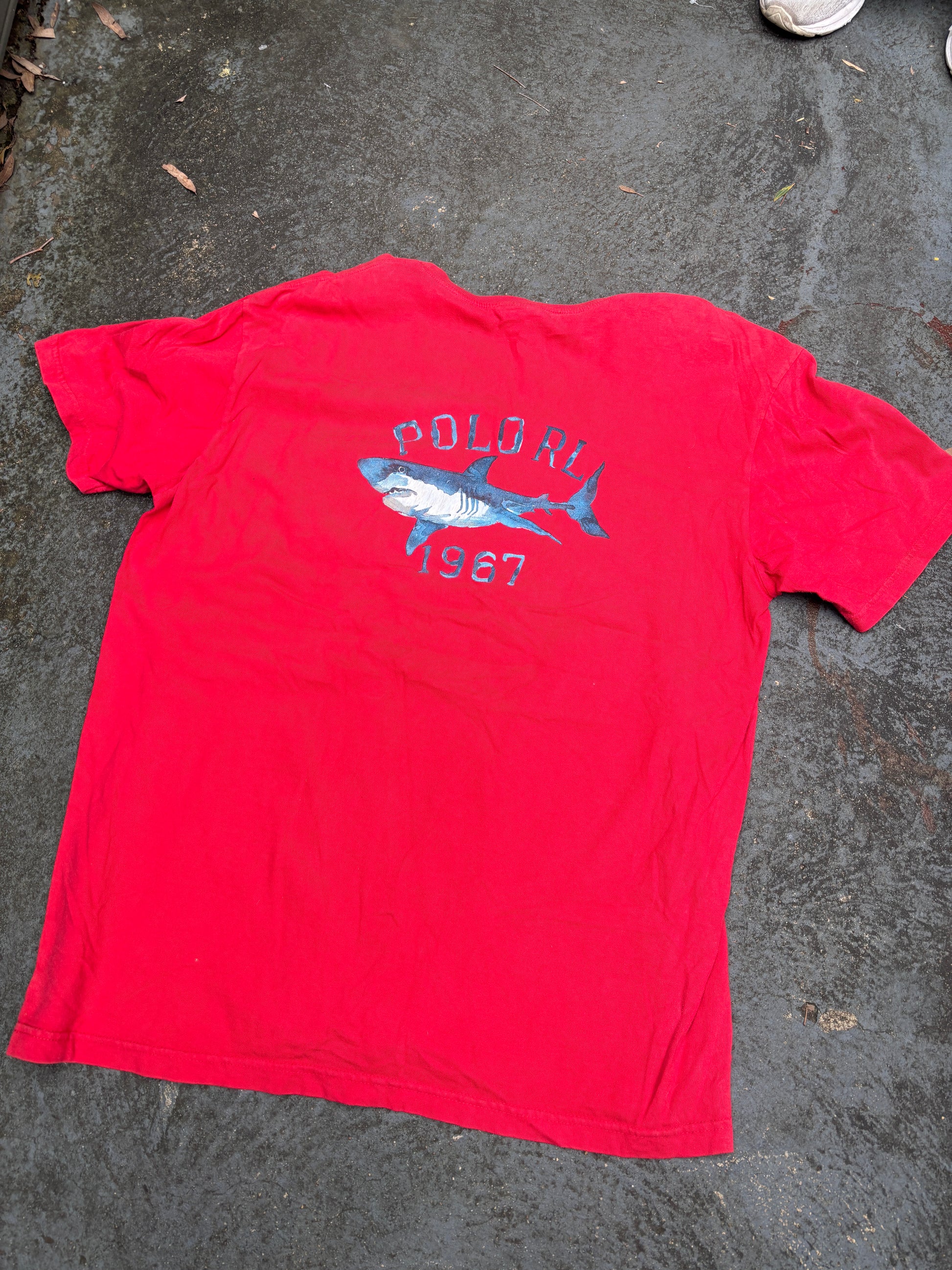 Vintage 90s Ralph Lauren Polo Sport Shark T-Shirt Sz L Red Chest Pocket Cotton