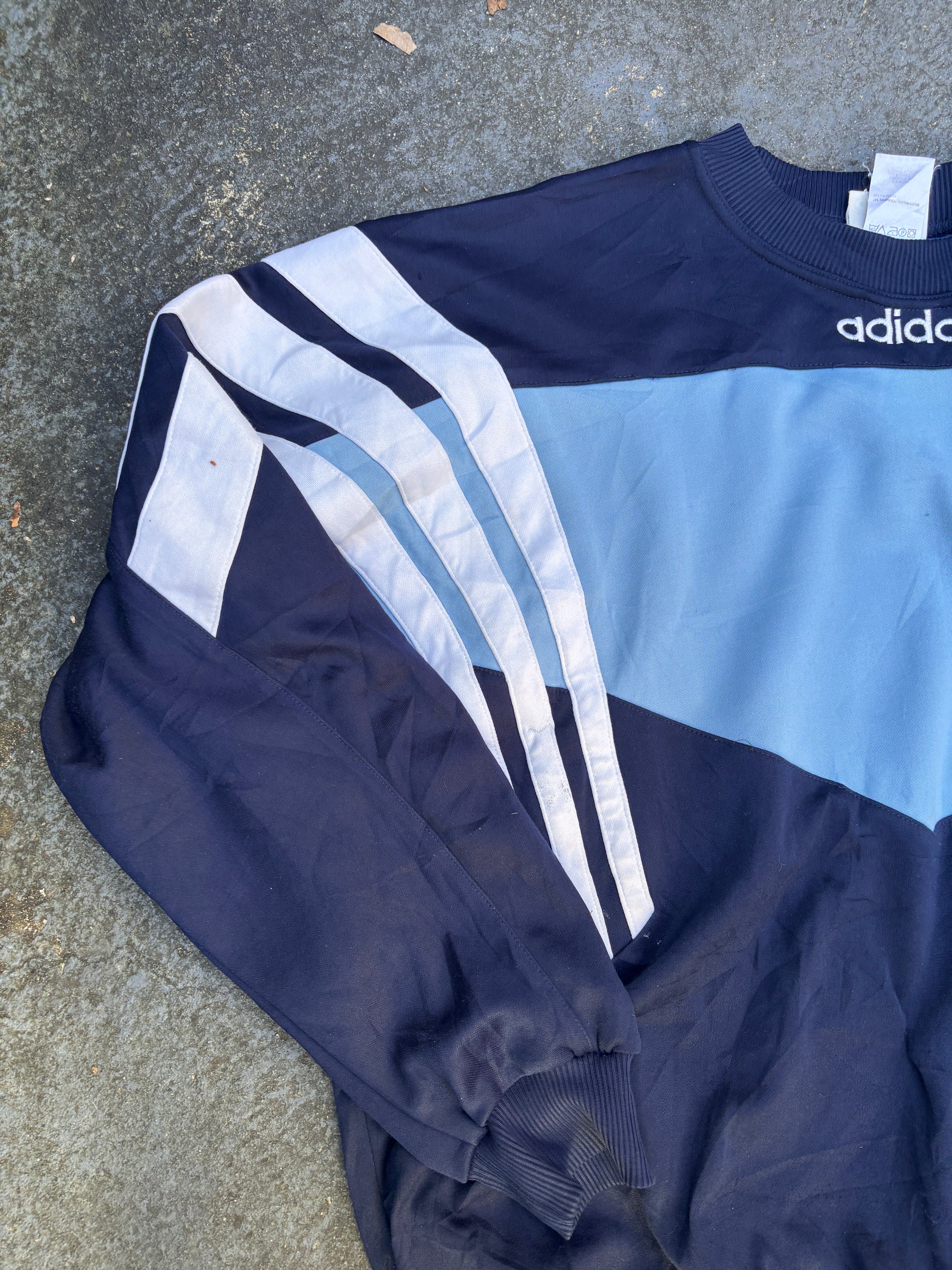 Vintage 90s Adidas Jumper Size L Two Tone Blue Spell Out Logo 3 Stripe