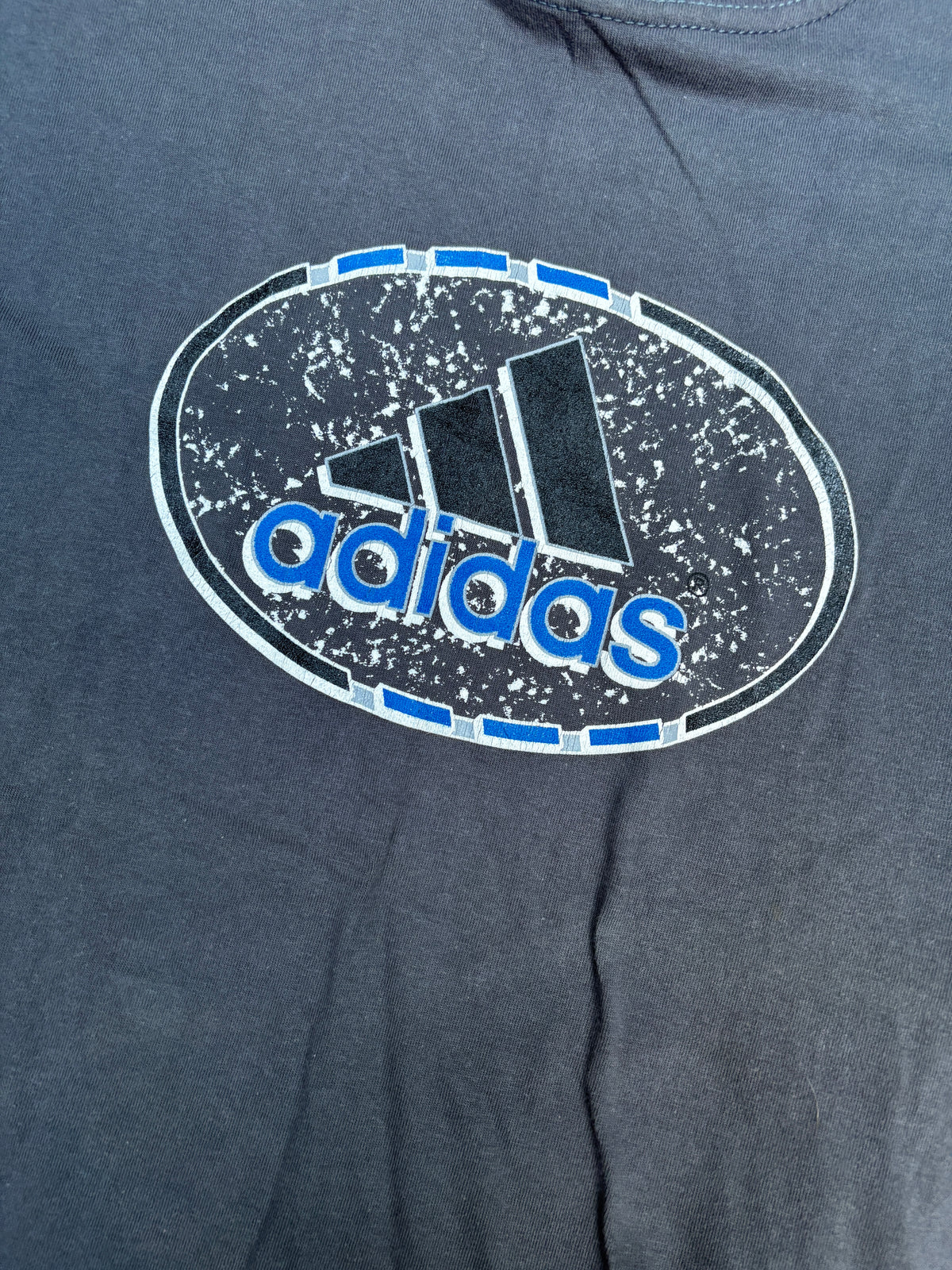 Vintage 90s Adidas T-shirt Size M Grey Large Chest Logo Crew Neck Made in Fiji