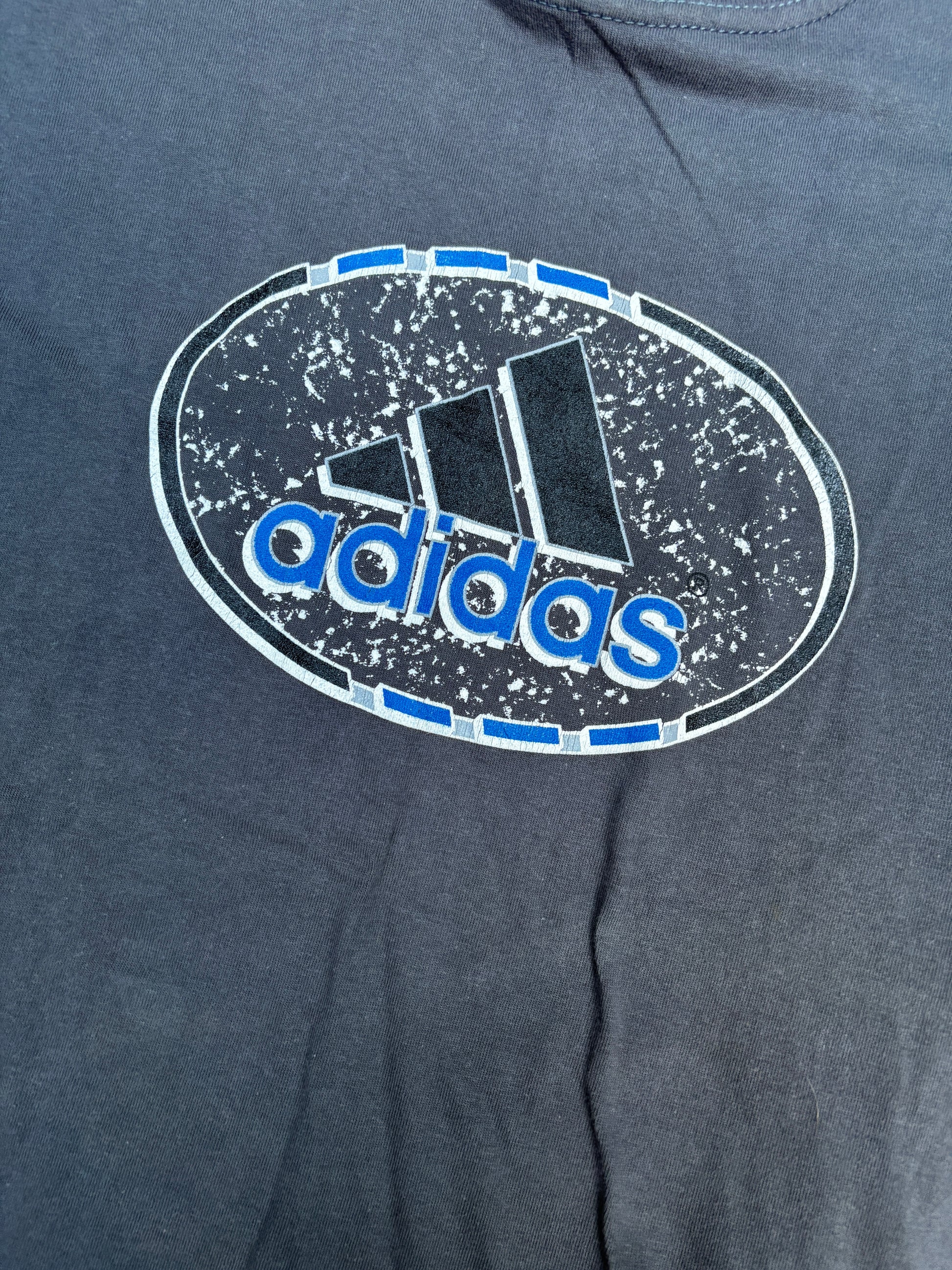 Vintage 90s Adidas T-shirt Size M Grey Large Chest Logo Crew Neck Made in Fiji