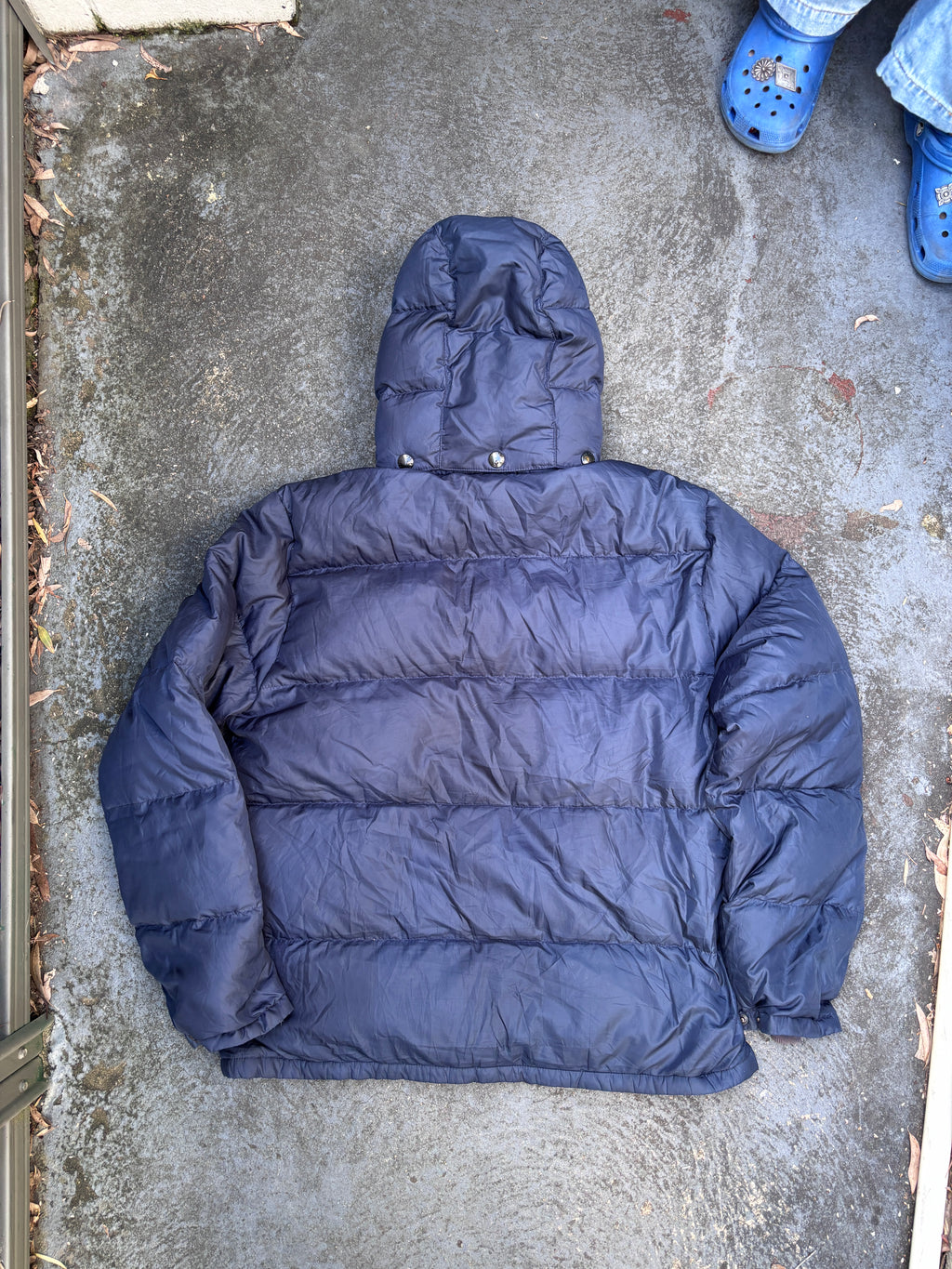 Vintage Y2K Polo Ralph Lauren Down Jacket Sz M Navy Puffer Hood Red Pony Pockets