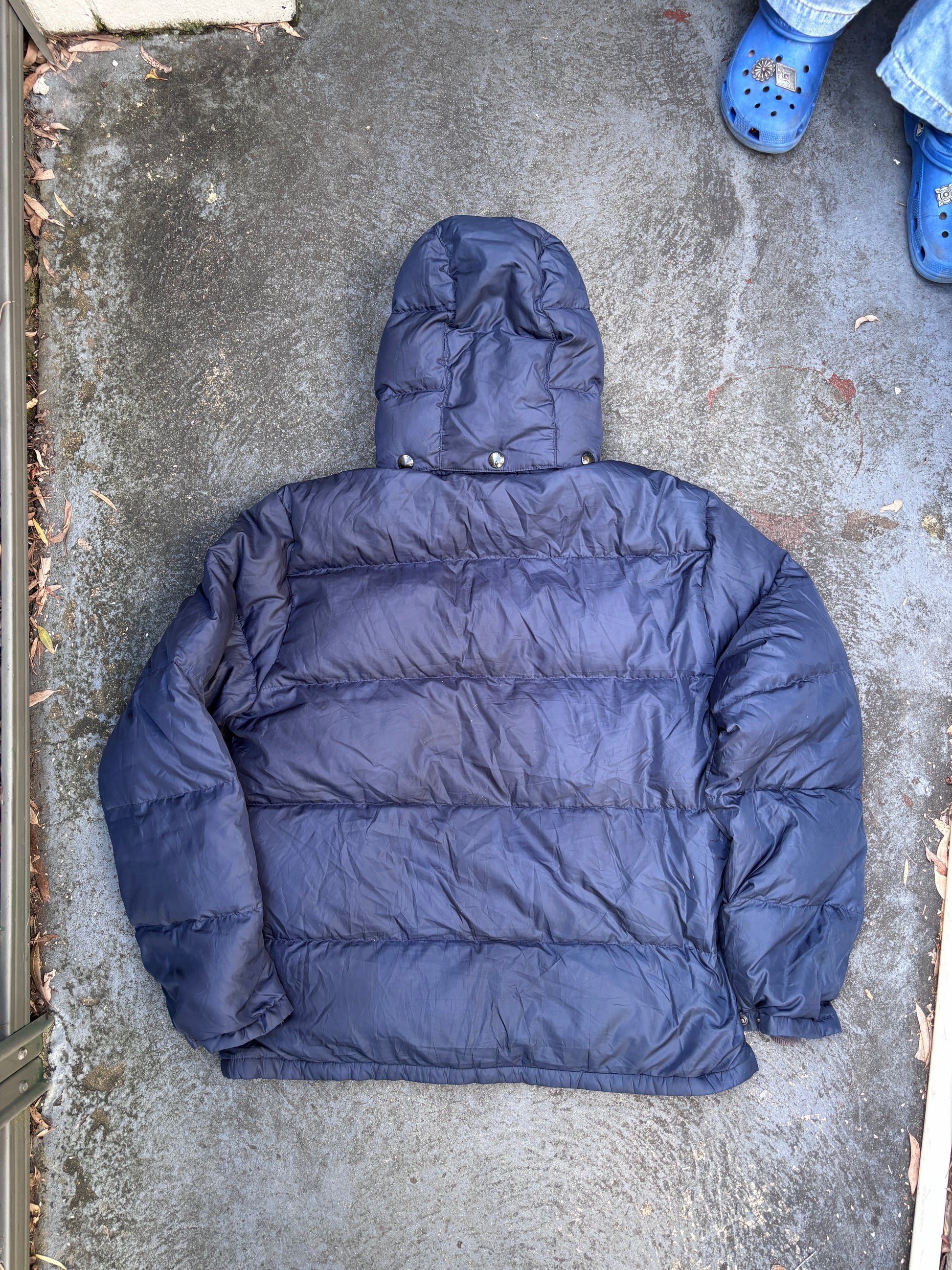 Vintage Y2K Polo Ralph Lauren Down Jacket Sz M Navy Puffer Hood Red Pony Pockets