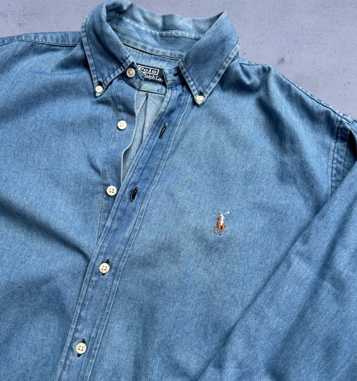 Vintage 90s Polo Ralph Lauren Denim Shirt Men’s M Blue Long Sleeve Colour Pony