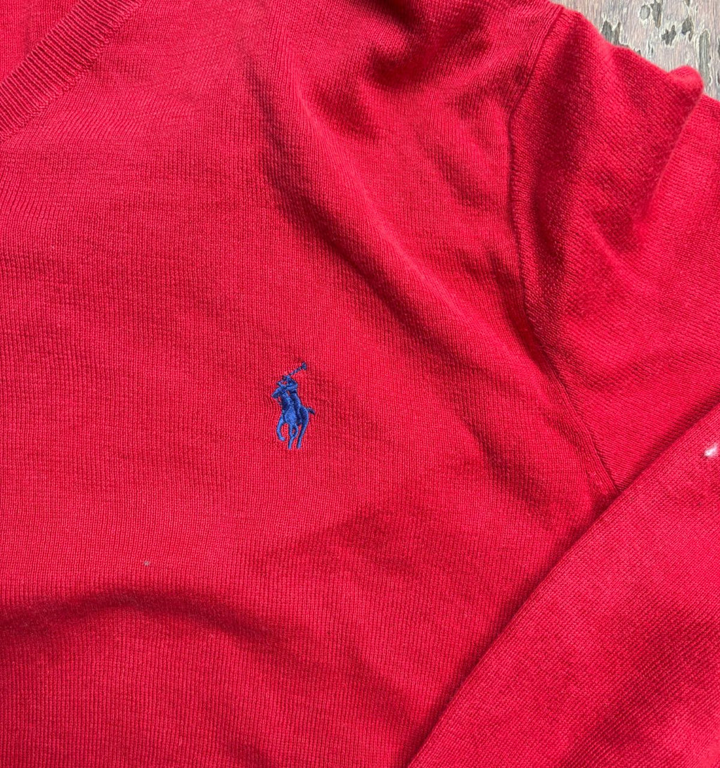 Vintage 90s Polo Ralph Lauren Knit Jumper Men’s M Red Cotton V-Neck Navy Pony