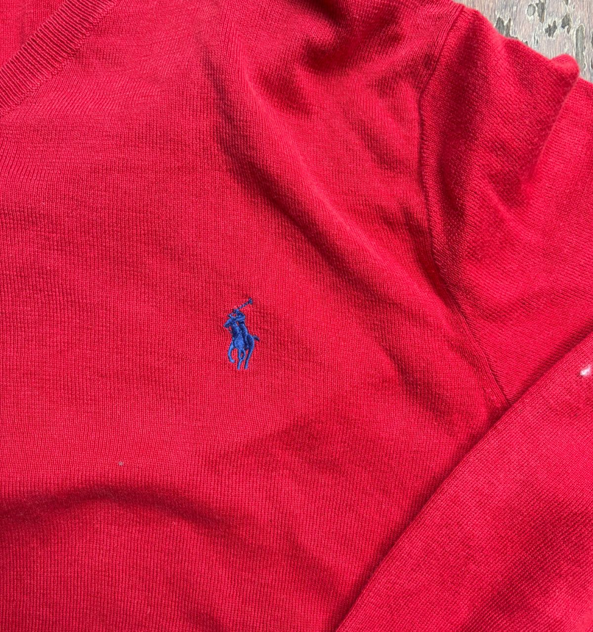 Vintage 90s Polo Ralph Lauren Knit Jumper Men’s M Red Cotton V-Neck Navy Pony