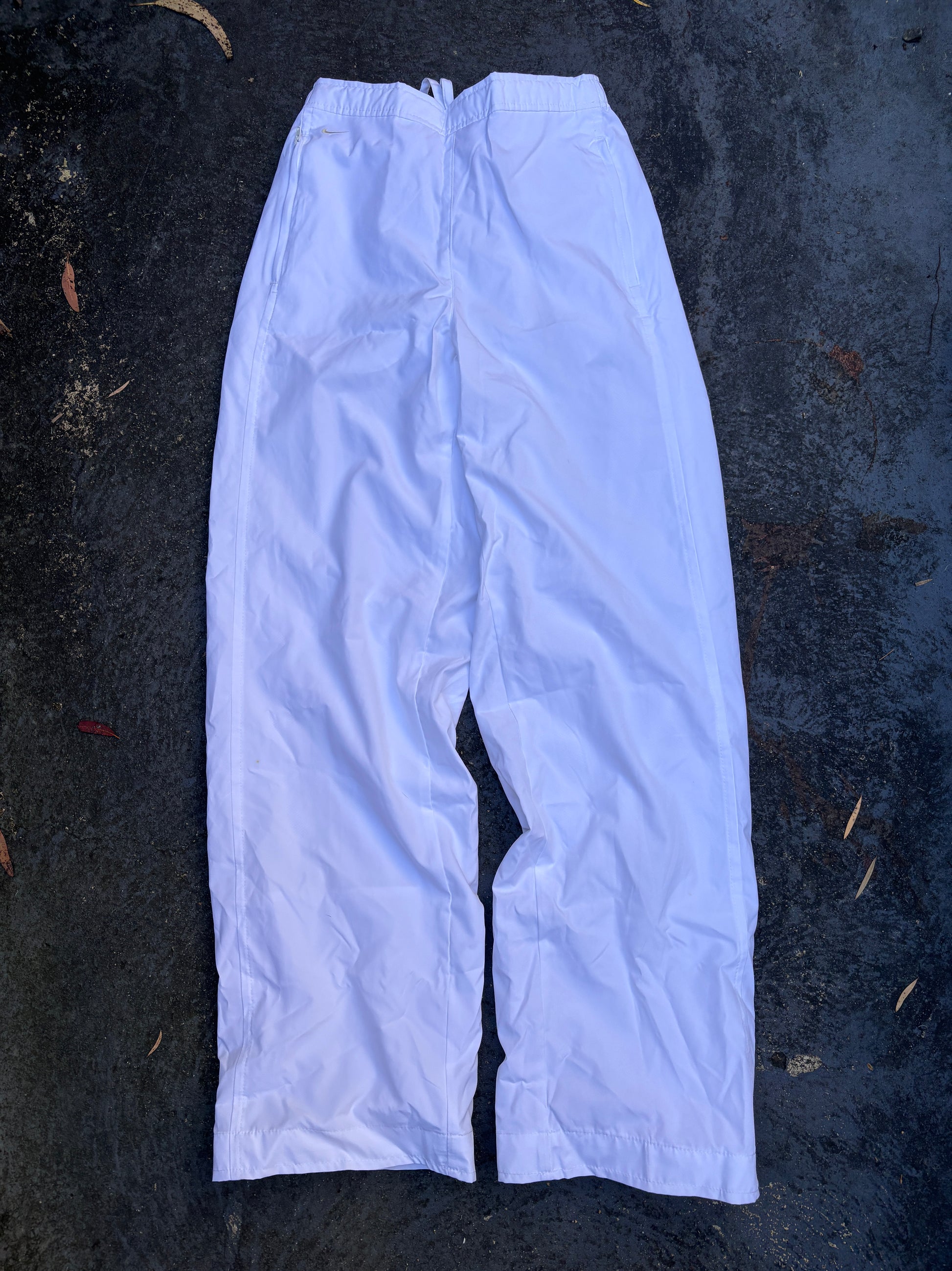 Vintage Y2K Nike Track Pants Womens S White Silver Swoosh Wide Leg Nylon Windbreaker