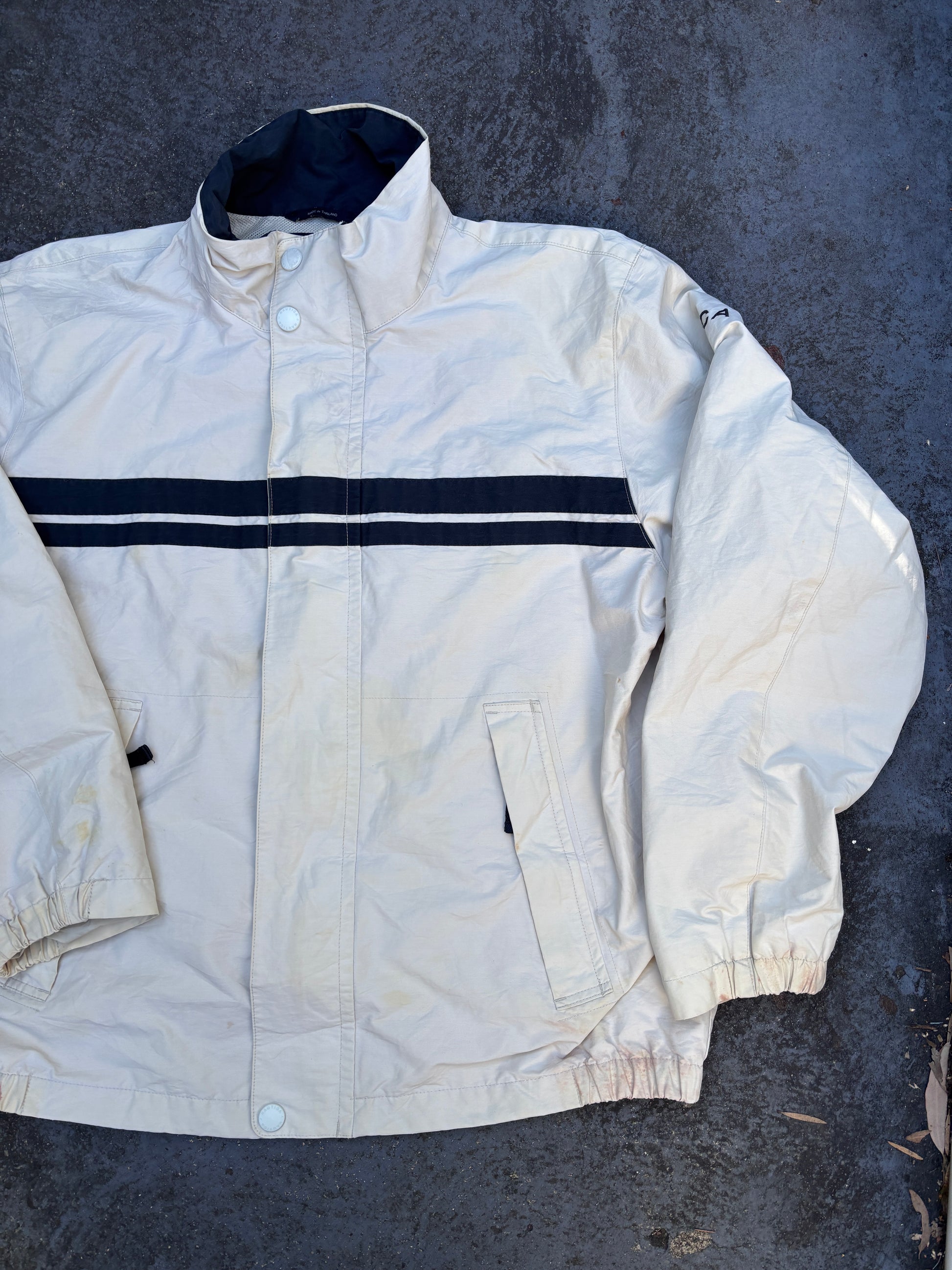 Nautica Sailing Jacket Size M Beige Navy Stripe Spinnaker Yacht Logo Windbreaker
