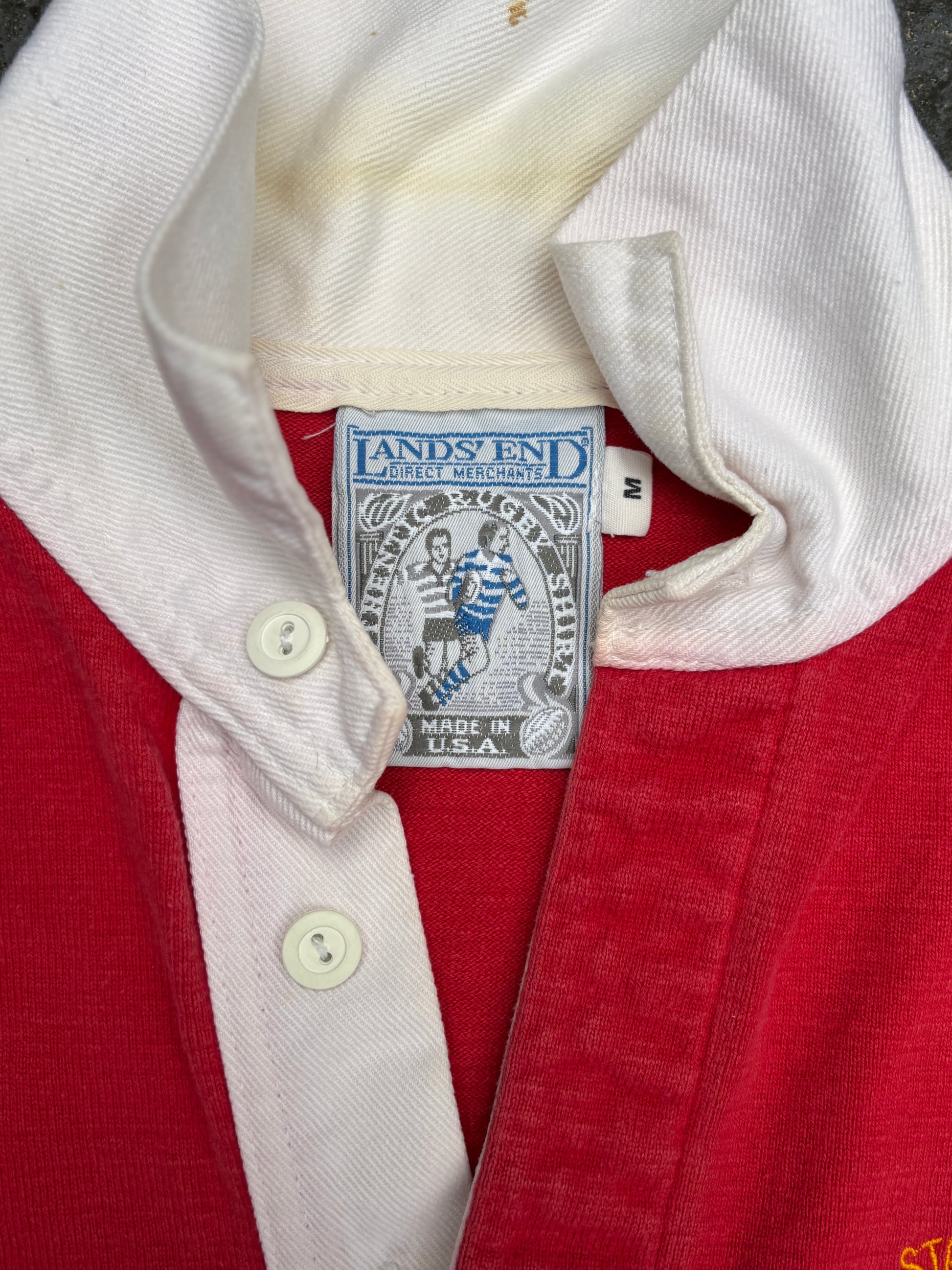 Vintage 90s Lands End Rugby Polo Size M Red Eagle Embroidered Logo Made in USA